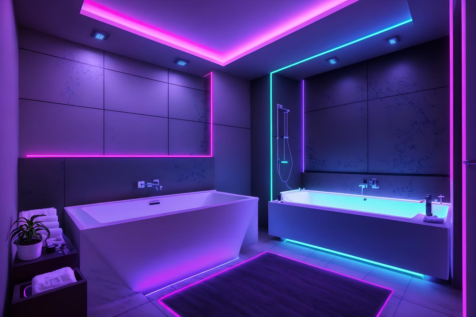 gaming room-style (hotel bathroom interior) with bathroom sink with faucet and toilet seat and waste basket and bath rail and bathtub and shower and bathroom cabinet and plant. . with at night and dark walls and neon letters on wall and purple, red and blue fade light and computer desk with computer displays and keyboard and neon lights and speakers and dark room. . cinematic photo, highly detailed, cinematic lighting, ultra-detailed, ultrarealistic, photorealism, 8k. gaming room interior design style. masterpiece, cinematic light, ultrarealistic+, photorealistic+, 8k, raw photo, realistic, sharp focus on eyes, (symmetrical eyes), (intact eyes), hyperrealistic, highest quality, best quality, , highly detailed, masterpiece, best quality, extremely detailed 8k wallpaper, masterpiece, best quality, ultra-detailed, best shadow, detailed background, detailed face, detailed eyes, high contrast, best illumination, detailed face, dulux, caustic, dynamic angle, detailed glow. dramatic lighting. highly detailed, insanely detailed hair, symmetrical, intricate details, professionally retouched, 8k high definition. strong bokeh. award winning photo.