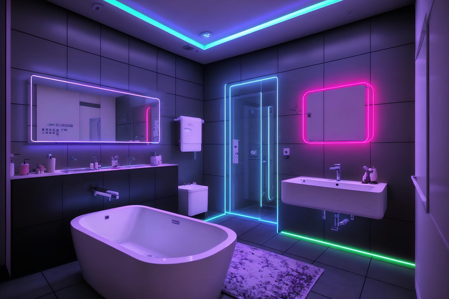 gaming room-style (hotel bathroom interior) with bathroom sink with faucet and toilet seat and waste basket and bath rail and bathtub and shower and bathroom cabinet and plant. . with at night and dark walls and neon letters on wall and purple, red and blue fade light and computer desk with computer displays and keyboard and neon lights and speakers and dark room. . cinematic photo, highly detailed, cinematic lighting, ultra-detailed, ultrarealistic, photorealism, 8k. gaming room interior design style. masterpiece, cinematic light, ultrarealistic+, photorealistic+, 8k, raw photo, realistic, sharp focus on eyes, (symmetrical eyes), (intact eyes), hyperrealistic, highest quality, best quality, , highly detailed, masterpiece, best quality, extremely detailed 8k wallpaper, masterpiece, best quality, ultra-detailed, best shadow, detailed background, detailed face, detailed eyes, high contrast, best illumination, detailed face, dulux, caustic, dynamic angle, detailed glow. dramatic lighting. highly detailed, insanely detailed hair, symmetrical, intricate details, professionally retouched, 8k high definition. strong bokeh. award winning photo.