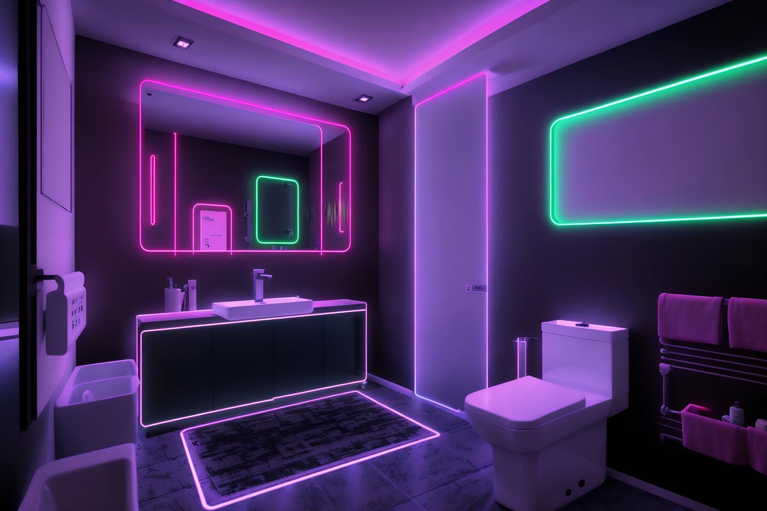 gaming room-style (hotel bathroom interior) with bathroom sink with faucet and toilet seat and waste basket and bath rail and bathtub and shower and bathroom cabinet and plant. . with at night and dark walls and neon letters on wall and purple, red and blue fade light and computer desk with computer displays and keyboard and neon lights and speakers and dark room. . cinematic photo, highly detailed, cinematic lighting, ultra-detailed, ultrarealistic, photorealism, 8k. gaming room interior design style. masterpiece, cinematic light, ultrarealistic+, photorealistic+, 8k, raw photo, realistic, sharp focus on eyes, (symmetrical eyes), (intact eyes), hyperrealistic, highest quality, best quality, , highly detailed, masterpiece, best quality, extremely detailed 8k wallpaper, masterpiece, best quality, ultra-detailed, best shadow, detailed background, detailed face, detailed eyes, high contrast, best illumination, detailed face, dulux, caustic, dynamic angle, detailed glow. dramatic lighting. highly detailed, insanely detailed hair, symmetrical, intricate details, professionally retouched, 8k high definition. strong bokeh. award winning photo.