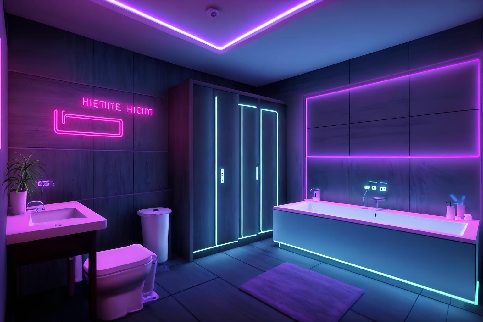 gaming room-style (hotel bathroom interior) with bathroom sink with faucet and toilet seat and waste basket and bath rail and bathtub and shower and bathroom cabinet and plant. . with at night and dark walls and neon letters on wall and purple, red and blue fade light and computer desk with computer displays and keyboard and neon lights and speakers and dark room. . cinematic photo, highly detailed, cinematic lighting, ultra-detailed, ultrarealistic, photorealism, 8k. gaming room interior design style. masterpiece, cinematic light, ultrarealistic+, photorealistic+, 8k, raw photo, realistic, sharp focus on eyes, (symmetrical eyes), (intact eyes), hyperrealistic, highest quality, best quality, , highly detailed, masterpiece, best quality, extremely detailed 8k wallpaper, masterpiece, best quality, ultra-detailed, best shadow, detailed background, detailed face, detailed eyes, high contrast, best illumination, detailed face, dulux, caustic, dynamic angle, detailed glow. dramatic lighting. highly detailed, insanely detailed hair, symmetrical, intricate details, professionally retouched, 8k high definition. strong bokeh. award winning photo.