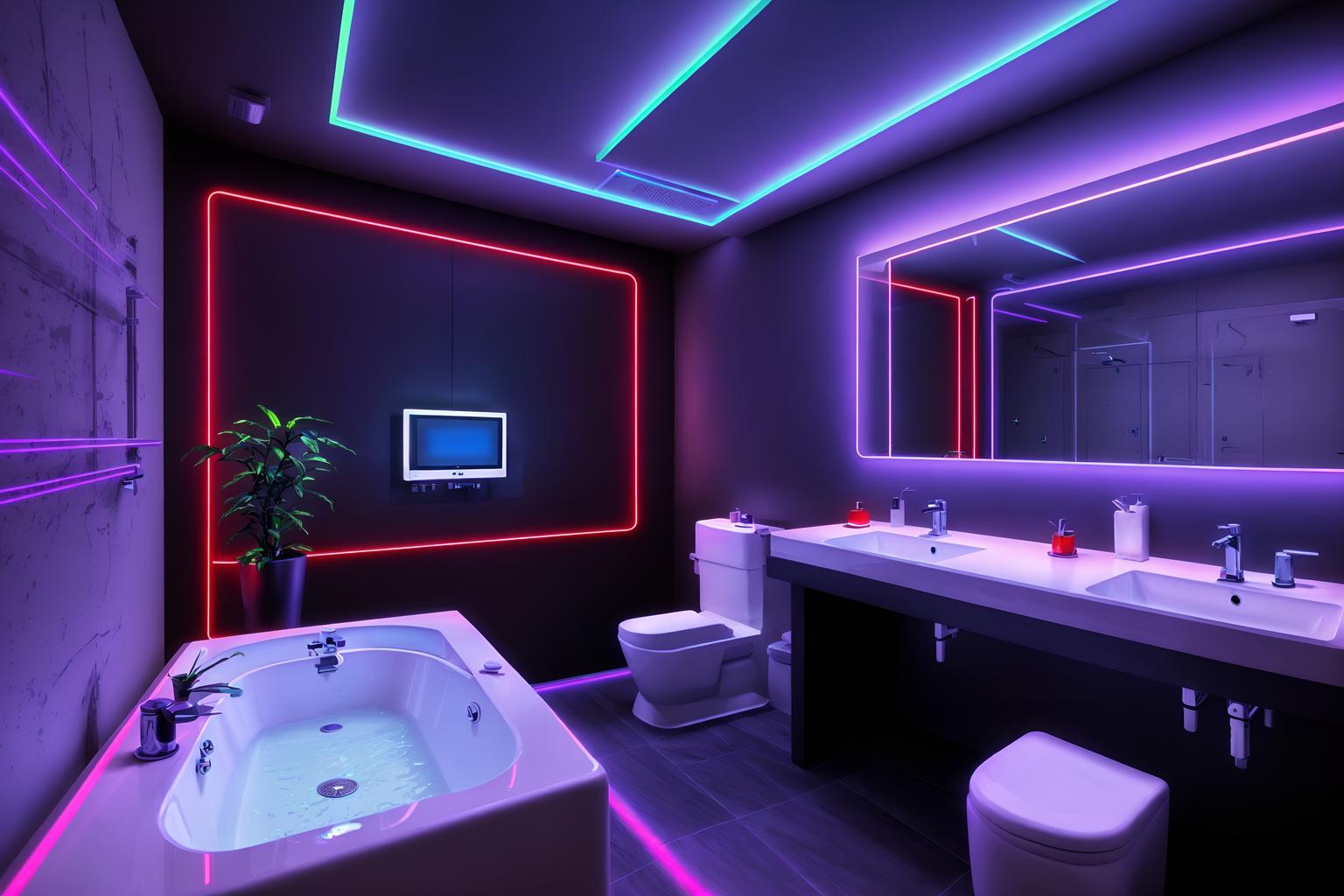 gaming room-style (hotel bathroom interior) with bathroom sink with faucet and toilet seat and waste basket and bath rail and bathtub and shower and bathroom cabinet and plant. . with at night and dark walls and neon letters on wall and purple, red and blue fade light and computer desk with computer displays and keyboard and neon lights and speakers and dark room. . cinematic photo, highly detailed, cinematic lighting, ultra-detailed, ultrarealistic, photorealism, 8k. gaming room interior design style. masterpiece, cinematic light, ultrarealistic+, photorealistic+, 8k, raw photo, realistic, sharp focus on eyes, (symmetrical eyes), (intact eyes), hyperrealistic, highest quality, best quality, , highly detailed, masterpiece, best quality, extremely detailed 8k wallpaper, masterpiece, best quality, ultra-detailed, best shadow, detailed background, detailed face, detailed eyes, high contrast, best illumination, detailed face, dulux, caustic, dynamic angle, detailed glow. dramatic lighting. highly detailed, insanely detailed hair, symmetrical, intricate details, professionally retouched, 8k high definition. strong bokeh. award winning photo.