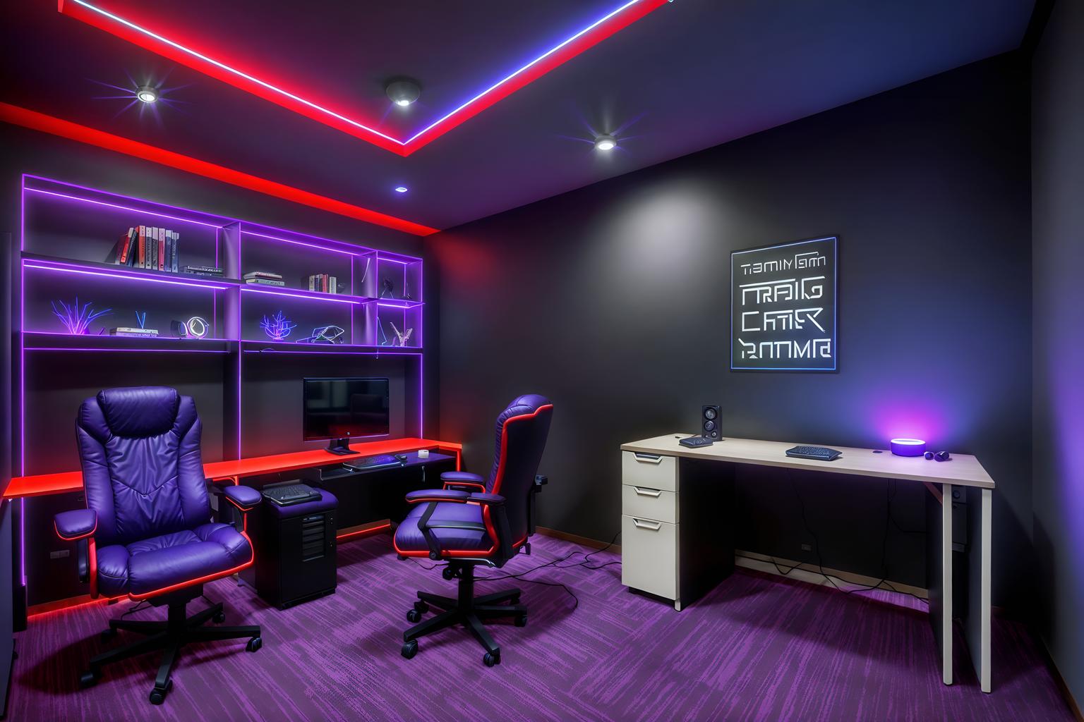 gaming room-style (study room interior) with writing desk and cabinets and plant and lounge chair and desk lamp and office chair and bookshelves and writing desk. . with purple, red and blue fade light and speakers and dark room and neon letters on wall and gaming chair and at night and dark walls and computer desk with computer displays and keyboard. . cinematic photo, highly detailed, cinematic lighting, ultra-detailed, ultrarealistic, photorealism, 8k. gaming room interior design style. masterpiece, cinematic light, ultrarealistic+, photorealistic+, 8k, raw photo, realistic, sharp focus on eyes, (symmetrical eyes), (intact eyes), hyperrealistic, highest quality, best quality, , highly detailed, masterpiece, best quality, extremely detailed 8k wallpaper, masterpiece, best quality, ultra-detailed, best shadow, detailed background, detailed face, detailed eyes, high contrast, best illumination, detailed face, dulux, caustic, dynamic angle, detailed glow. dramatic lighting. highly detailed, insanely detailed hair, symmetrical, intricate details, professionally retouched, 8k high definition. strong bokeh. award winning photo.