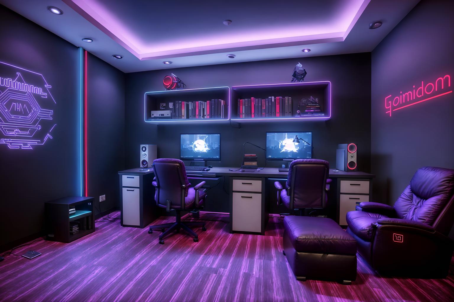 gaming room-style (study room interior) with writing desk and cabinets and plant and lounge chair and desk lamp and office chair and bookshelves and writing desk. . with purple, red and blue fade light and speakers and dark room and neon letters on wall and gaming chair and at night and dark walls and computer desk with computer displays and keyboard. . cinematic photo, highly detailed, cinematic lighting, ultra-detailed, ultrarealistic, photorealism, 8k. gaming room interior design style. masterpiece, cinematic light, ultrarealistic+, photorealistic+, 8k, raw photo, realistic, sharp focus on eyes, (symmetrical eyes), (intact eyes), hyperrealistic, highest quality, best quality, , highly detailed, masterpiece, best quality, extremely detailed 8k wallpaper, masterpiece, best quality, ultra-detailed, best shadow, detailed background, detailed face, detailed eyes, high contrast, best illumination, detailed face, dulux, caustic, dynamic angle, detailed glow. dramatic lighting. highly detailed, insanely detailed hair, symmetrical, intricate details, professionally retouched, 8k high definition. strong bokeh. award winning photo.