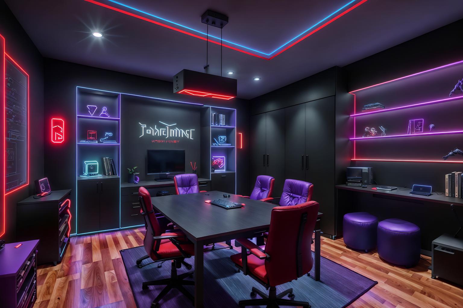 gaming room-style (study room interior) with writing desk and cabinets and plant and lounge chair and desk lamp and office chair and bookshelves and writing desk. . with purple, red and blue fade light and speakers and dark room and neon letters on wall and gaming chair and at night and dark walls and computer desk with computer displays and keyboard. . cinematic photo, highly detailed, cinematic lighting, ultra-detailed, ultrarealistic, photorealism, 8k. gaming room interior design style. masterpiece, cinematic light, ultrarealistic+, photorealistic+, 8k, raw photo, realistic, sharp focus on eyes, (symmetrical eyes), (intact eyes), hyperrealistic, highest quality, best quality, , highly detailed, masterpiece, best quality, extremely detailed 8k wallpaper, masterpiece, best quality, ultra-detailed, best shadow, detailed background, detailed face, detailed eyes, high contrast, best illumination, detailed face, dulux, caustic, dynamic angle, detailed glow. dramatic lighting. highly detailed, insanely detailed hair, symmetrical, intricate details, professionally retouched, 8k high definition. strong bokeh. award winning photo.