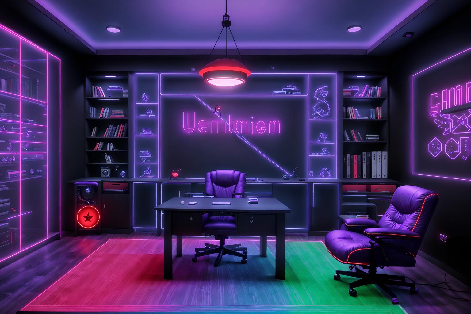 gaming room-style (study room interior) with writing desk and cabinets and plant and lounge chair and desk lamp and office chair and bookshelves and writing desk. . with purple, red and blue fade light and speakers and dark room and neon letters on wall and gaming chair and at night and dark walls and computer desk with computer displays and keyboard. . cinematic photo, highly detailed, cinematic lighting, ultra-detailed, ultrarealistic, photorealism, 8k. gaming room interior design style. masterpiece, cinematic light, ultrarealistic+, photorealistic+, 8k, raw photo, realistic, sharp focus on eyes, (symmetrical eyes), (intact eyes), hyperrealistic, highest quality, best quality, , highly detailed, masterpiece, best quality, extremely detailed 8k wallpaper, masterpiece, best quality, ultra-detailed, best shadow, detailed background, detailed face, detailed eyes, high contrast, best illumination, detailed face, dulux, caustic, dynamic angle, detailed glow. dramatic lighting. highly detailed, insanely detailed hair, symmetrical, intricate details, professionally retouched, 8k high definition. strong bokeh. award winning photo.