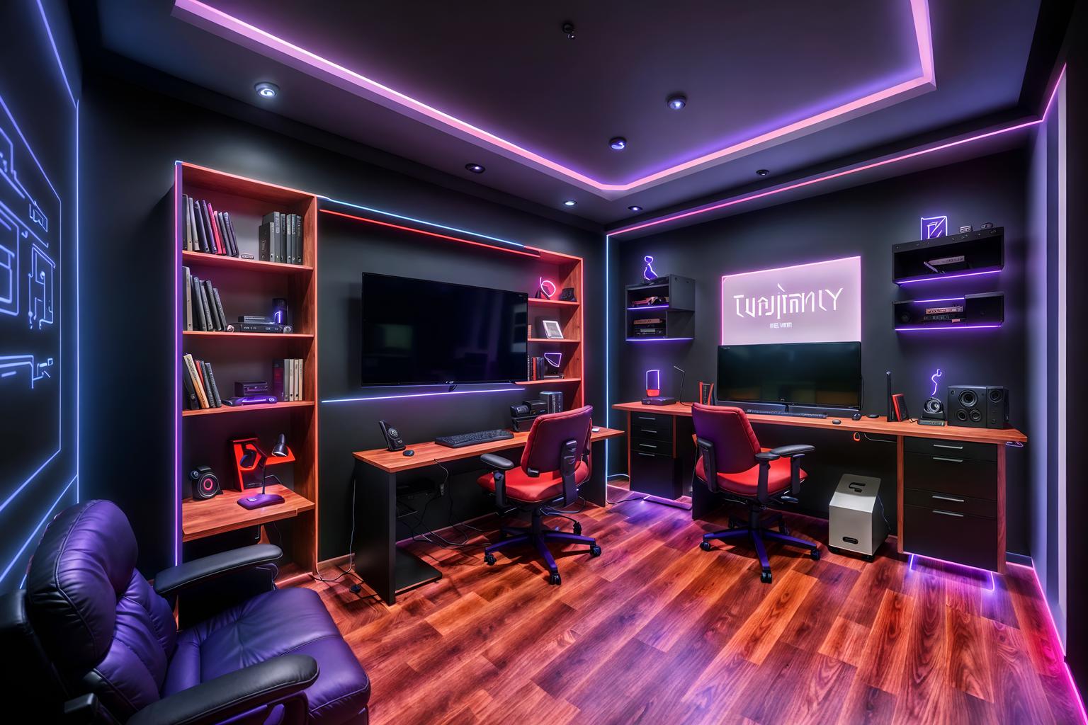 gaming room-style (study room interior) with writing desk and cabinets and plant and lounge chair and desk lamp and office chair and bookshelves and writing desk. . with purple, red and blue fade light and speakers and dark room and neon letters on wall and gaming chair and at night and dark walls and computer desk with computer displays and keyboard. . cinematic photo, highly detailed, cinematic lighting, ultra-detailed, ultrarealistic, photorealism, 8k. gaming room interior design style. masterpiece, cinematic light, ultrarealistic+, photorealistic+, 8k, raw photo, realistic, sharp focus on eyes, (symmetrical eyes), (intact eyes), hyperrealistic, highest quality, best quality, , highly detailed, masterpiece, best quality, extremely detailed 8k wallpaper, masterpiece, best quality, ultra-detailed, best shadow, detailed background, detailed face, detailed eyes, high contrast, best illumination, detailed face, dulux, caustic, dynamic angle, detailed glow. dramatic lighting. highly detailed, insanely detailed hair, symmetrical, intricate details, professionally retouched, 8k high definition. strong bokeh. award winning photo.