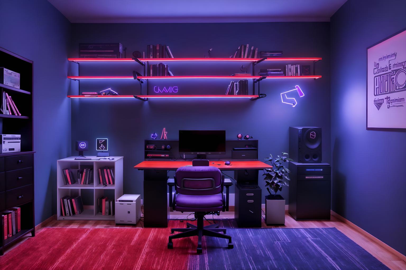 gaming room-style (study room interior) with writing desk and cabinets and plant and lounge chair and desk lamp and office chair and bookshelves and writing desk. . with purple, red and blue fade light and speakers and dark room and neon letters on wall and gaming chair and at night and dark walls and computer desk with computer displays and keyboard. . cinematic photo, highly detailed, cinematic lighting, ultra-detailed, ultrarealistic, photorealism, 8k. gaming room interior design style. masterpiece, cinematic light, ultrarealistic+, photorealistic+, 8k, raw photo, realistic, sharp focus on eyes, (symmetrical eyes), (intact eyes), hyperrealistic, highest quality, best quality, , highly detailed, masterpiece, best quality, extremely detailed 8k wallpaper, masterpiece, best quality, ultra-detailed, best shadow, detailed background, detailed face, detailed eyes, high contrast, best illumination, detailed face, dulux, caustic, dynamic angle, detailed glow. dramatic lighting. highly detailed, insanely detailed hair, symmetrical, intricate details, professionally retouched, 8k high definition. strong bokeh. award winning photo.