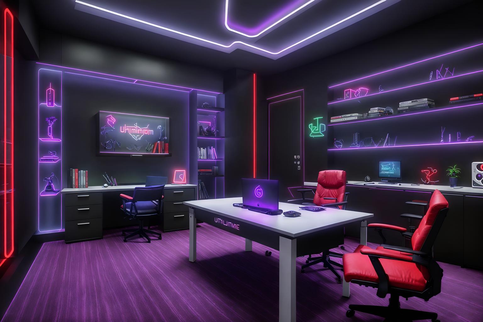 gaming room-style (study room interior) with writing desk and cabinets and plant and lounge chair and desk lamp and office chair and bookshelves and writing desk. . with purple, red and blue fade light and speakers and dark room and neon letters on wall and gaming chair and at night and dark walls and computer desk with computer displays and keyboard. . cinematic photo, highly detailed, cinematic lighting, ultra-detailed, ultrarealistic, photorealism, 8k. gaming room interior design style. masterpiece, cinematic light, ultrarealistic+, photorealistic+, 8k, raw photo, realistic, sharp focus on eyes, (symmetrical eyes), (intact eyes), hyperrealistic, highest quality, best quality, , highly detailed, masterpiece, best quality, extremely detailed 8k wallpaper, masterpiece, best quality, ultra-detailed, best shadow, detailed background, detailed face, detailed eyes, high contrast, best illumination, detailed face, dulux, caustic, dynamic angle, detailed glow. dramatic lighting. highly detailed, insanely detailed hair, symmetrical, intricate details, professionally retouched, 8k high definition. strong bokeh. award winning photo.