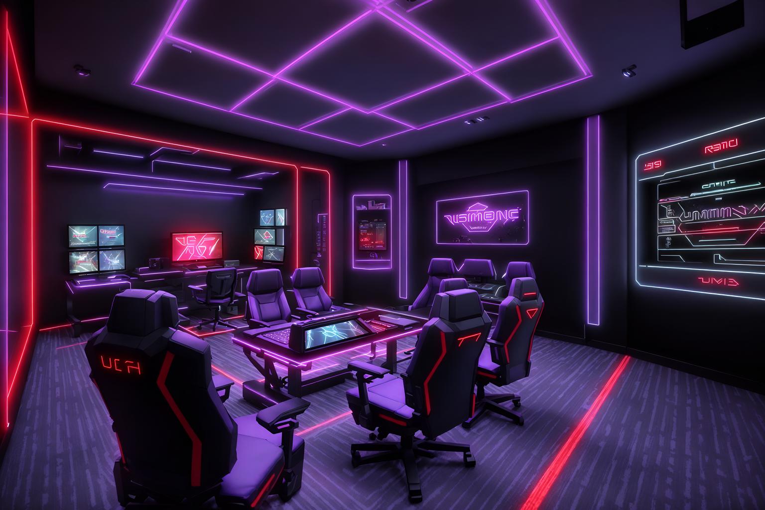 gaming room-style (clothing store interior) . with purple, red and blue fade light and computer desk with computer displays and keyboard and speakers and dark walls and gaming chair and multiple displays and neon lights and purple and red lights. . cinematic photo, highly detailed, cinematic lighting, ultra-detailed, ultrarealistic, photorealism, 8k. gaming room interior design style. masterpiece, cinematic light, ultrarealistic+, photorealistic+, 8k, raw photo, realistic, sharp focus on eyes, (symmetrical eyes), (intact eyes), hyperrealistic, highest quality, best quality, , highly detailed, masterpiece, best quality, extremely detailed 8k wallpaper, masterpiece, best quality, ultra-detailed, best shadow, detailed background, detailed face, detailed eyes, high contrast, best illumination, detailed face, dulux, caustic, dynamic angle, detailed glow. dramatic lighting. highly detailed, insanely detailed hair, symmetrical, intricate details, professionally retouched, 8k high definition. strong bokeh. award winning photo.