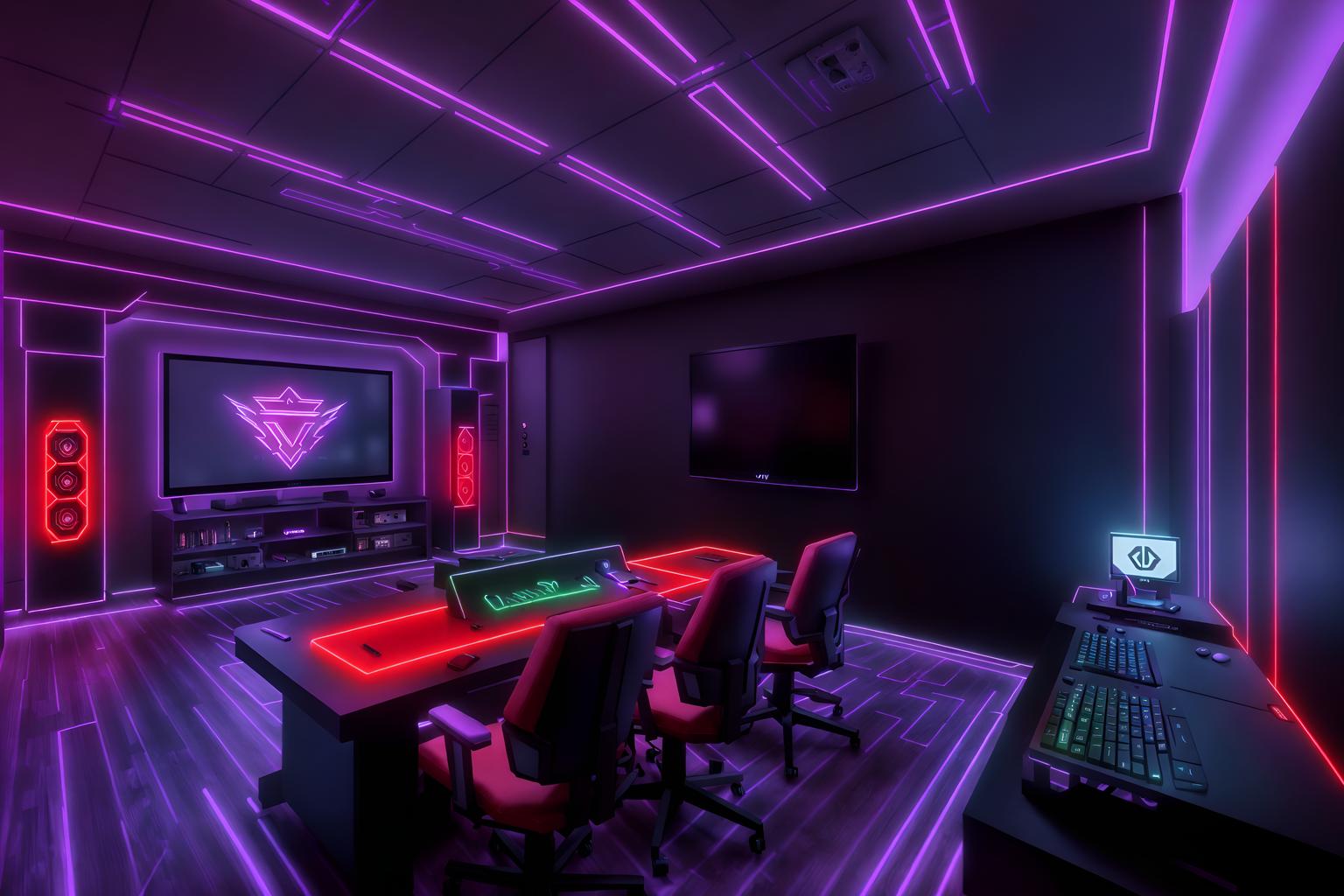 gaming room-style (clothing store interior) . with purple, red and blue fade light and computer desk with computer displays and keyboard and speakers and dark walls and gaming chair and multiple displays and neon lights and purple and red lights. . cinematic photo, highly detailed, cinematic lighting, ultra-detailed, ultrarealistic, photorealism, 8k. gaming room interior design style. masterpiece, cinematic light, ultrarealistic+, photorealistic+, 8k, raw photo, realistic, sharp focus on eyes, (symmetrical eyes), (intact eyes), hyperrealistic, highest quality, best quality, , highly detailed, masterpiece, best quality, extremely detailed 8k wallpaper, masterpiece, best quality, ultra-detailed, best shadow, detailed background, detailed face, detailed eyes, high contrast, best illumination, detailed face, dulux, caustic, dynamic angle, detailed glow. dramatic lighting. highly detailed, insanely detailed hair, symmetrical, intricate details, professionally retouched, 8k high definition. strong bokeh. award winning photo.