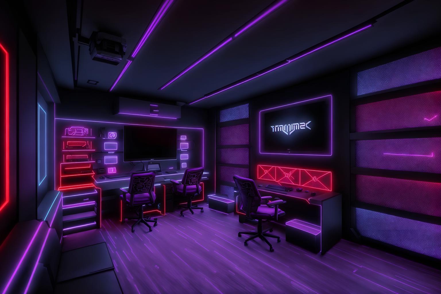 gaming room-style (clothing store interior) . with purple, red and blue fade light and computer desk with computer displays and keyboard and speakers and dark walls and gaming chair and multiple displays and neon lights and purple and red lights. . cinematic photo, highly detailed, cinematic lighting, ultra-detailed, ultrarealistic, photorealism, 8k. gaming room interior design style. masterpiece, cinematic light, ultrarealistic+, photorealistic+, 8k, raw photo, realistic, sharp focus on eyes, (symmetrical eyes), (intact eyes), hyperrealistic, highest quality, best quality, , highly detailed, masterpiece, best quality, extremely detailed 8k wallpaper, masterpiece, best quality, ultra-detailed, best shadow, detailed background, detailed face, detailed eyes, high contrast, best illumination, detailed face, dulux, caustic, dynamic angle, detailed glow. dramatic lighting. highly detailed, insanely detailed hair, symmetrical, intricate details, professionally retouched, 8k high definition. strong bokeh. award winning photo.