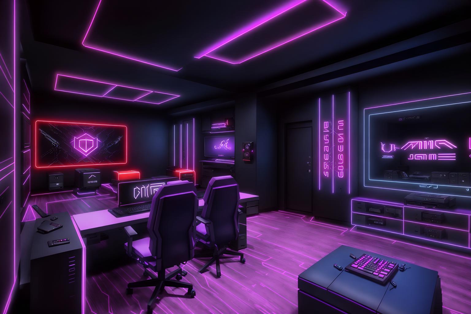 gaming room-style (clothing store interior) . with purple, red and blue fade light and computer desk with computer displays and keyboard and speakers and dark walls and gaming chair and multiple displays and neon lights and purple and red lights. . cinematic photo, highly detailed, cinematic lighting, ultra-detailed, ultrarealistic, photorealism, 8k. gaming room interior design style. masterpiece, cinematic light, ultrarealistic+, photorealistic+, 8k, raw photo, realistic, sharp focus on eyes, (symmetrical eyes), (intact eyes), hyperrealistic, highest quality, best quality, , highly detailed, masterpiece, best quality, extremely detailed 8k wallpaper, masterpiece, best quality, ultra-detailed, best shadow, detailed background, detailed face, detailed eyes, high contrast, best illumination, detailed face, dulux, caustic, dynamic angle, detailed glow. dramatic lighting. highly detailed, insanely detailed hair, symmetrical, intricate details, professionally retouched, 8k high definition. strong bokeh. award winning photo.