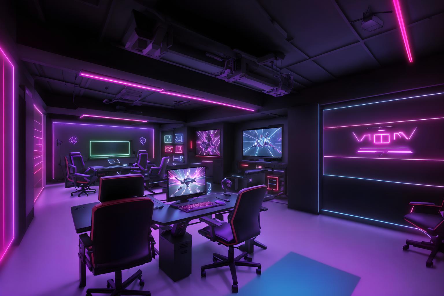 gaming room-style (clothing store interior) . with purple, red and blue fade light and computer desk with computer displays and keyboard and speakers and dark walls and gaming chair and multiple displays and neon lights and purple and red lights. . cinematic photo, highly detailed, cinematic lighting, ultra-detailed, ultrarealistic, photorealism, 8k. gaming room interior design style. masterpiece, cinematic light, ultrarealistic+, photorealistic+, 8k, raw photo, realistic, sharp focus on eyes, (symmetrical eyes), (intact eyes), hyperrealistic, highest quality, best quality, , highly detailed, masterpiece, best quality, extremely detailed 8k wallpaper, masterpiece, best quality, ultra-detailed, best shadow, detailed background, detailed face, detailed eyes, high contrast, best illumination, detailed face, dulux, caustic, dynamic angle, detailed glow. dramatic lighting. highly detailed, insanely detailed hair, symmetrical, intricate details, professionally retouched, 8k high definition. strong bokeh. award winning photo.