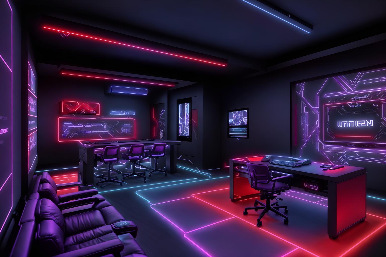 gaming room-style (clothing store interior) . with purple, red and blue fade light and computer desk with computer displays and keyboard and speakers and dark walls and gaming chair and multiple displays and neon lights and purple and red lights. . cinematic photo, highly detailed, cinematic lighting, ultra-detailed, ultrarealistic, photorealism, 8k. gaming room interior design style. masterpiece, cinematic light, ultrarealistic+, photorealistic+, 8k, raw photo, realistic, sharp focus on eyes, (symmetrical eyes), (intact eyes), hyperrealistic, highest quality, best quality, , highly detailed, masterpiece, best quality, extremely detailed 8k wallpaper, masterpiece, best quality, ultra-detailed, best shadow, detailed background, detailed face, detailed eyes, high contrast, best illumination, detailed face, dulux, caustic, dynamic angle, detailed glow. dramatic lighting. highly detailed, insanely detailed hair, symmetrical, intricate details, professionally retouched, 8k high definition. strong bokeh. award winning photo.
