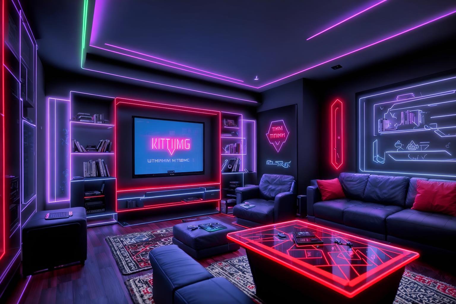 gaming room-style (kitchen living combo interior) with stove and plant and sofa and televisions and occasional tables and bookshelves and chairs and rug. . with gaming chair and speakers and computer desk with computer displays and keyboard and neon lights and neon letters on wall and multiple displays and purple, red and blue fade light and at night. . cinematic photo, highly detailed, cinematic lighting, ultra-detailed, ultrarealistic, photorealism, 8k. gaming room interior design style. masterpiece, cinematic light, ultrarealistic+, photorealistic+, 8k, raw photo, realistic, sharp focus on eyes, (symmetrical eyes), (intact eyes), hyperrealistic, highest quality, best quality, , highly detailed, masterpiece, best quality, extremely detailed 8k wallpaper, masterpiece, best quality, ultra-detailed, best shadow, detailed background, detailed face, detailed eyes, high contrast, best illumination, detailed face, dulux, caustic, dynamic angle, detailed glow. dramatic lighting. highly detailed, insanely detailed hair, symmetrical, intricate details, professionally retouched, 8k high definition. strong bokeh. award winning photo.