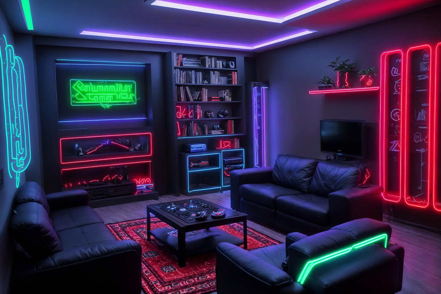 gaming room-style (kitchen living combo interior) with stove and plant and sofa and televisions and occasional tables and bookshelves and chairs and rug. . with gaming chair and speakers and computer desk with computer displays and keyboard and neon lights and neon letters on wall and multiple displays and purple, red and blue fade light and at night. . cinematic photo, highly detailed, cinematic lighting, ultra-detailed, ultrarealistic, photorealism, 8k. gaming room interior design style. masterpiece, cinematic light, ultrarealistic+, photorealistic+, 8k, raw photo, realistic, sharp focus on eyes, (symmetrical eyes), (intact eyes), hyperrealistic, highest quality, best quality, , highly detailed, masterpiece, best quality, extremely detailed 8k wallpaper, masterpiece, best quality, ultra-detailed, best shadow, detailed background, detailed face, detailed eyes, high contrast, best illumination, detailed face, dulux, caustic, dynamic angle, detailed glow. dramatic lighting. highly detailed, insanely detailed hair, symmetrical, intricate details, professionally retouched, 8k high definition. strong bokeh. award winning photo.