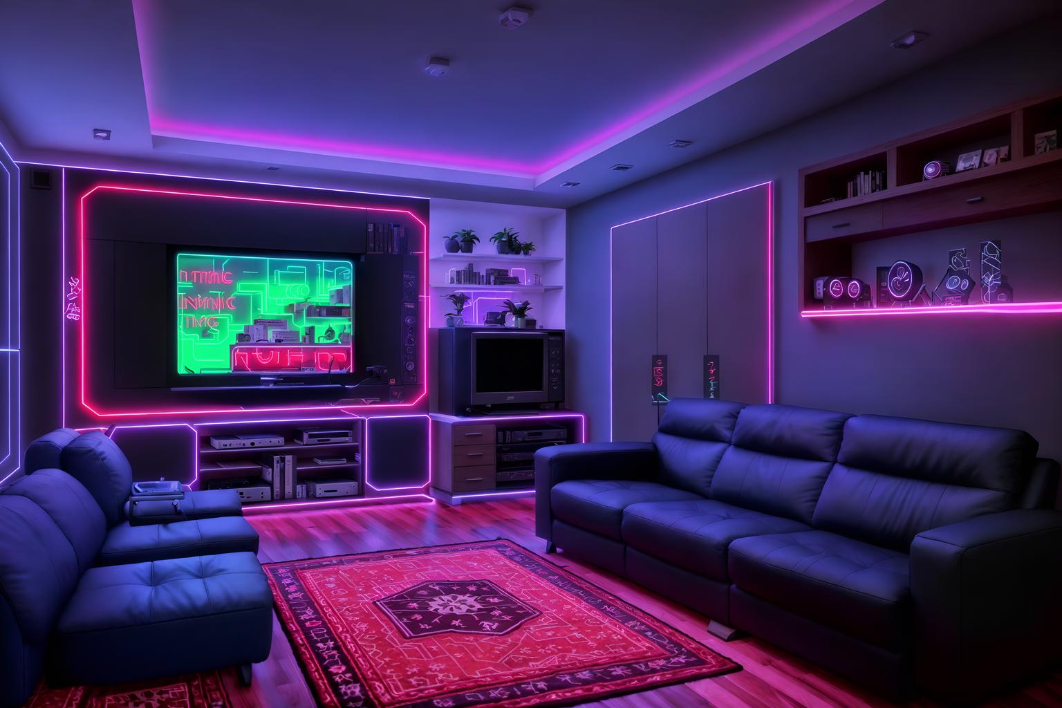 gaming room-style (kitchen living combo interior) with stove and plant and sofa and televisions and occasional tables and bookshelves and chairs and rug. . with gaming chair and speakers and computer desk with computer displays and keyboard and neon lights and neon letters on wall and multiple displays and purple, red and blue fade light and at night. . cinematic photo, highly detailed, cinematic lighting, ultra-detailed, ultrarealistic, photorealism, 8k. gaming room interior design style. masterpiece, cinematic light, ultrarealistic+, photorealistic+, 8k, raw photo, realistic, sharp focus on eyes, (symmetrical eyes), (intact eyes), hyperrealistic, highest quality, best quality, , highly detailed, masterpiece, best quality, extremely detailed 8k wallpaper, masterpiece, best quality, ultra-detailed, best shadow, detailed background, detailed face, detailed eyes, high contrast, best illumination, detailed face, dulux, caustic, dynamic angle, detailed glow. dramatic lighting. highly detailed, insanely detailed hair, symmetrical, intricate details, professionally retouched, 8k high definition. strong bokeh. award winning photo.