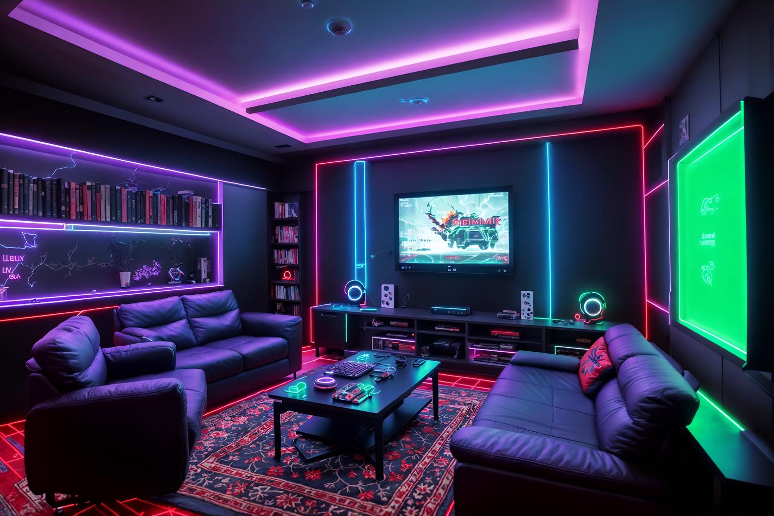 gaming room-style (kitchen living combo interior) with stove and plant and sofa and televisions and occasional tables and bookshelves and chairs and rug. . with gaming chair and speakers and computer desk with computer displays and keyboard and neon lights and neon letters on wall and multiple displays and purple, red and blue fade light and at night. . cinematic photo, highly detailed, cinematic lighting, ultra-detailed, ultrarealistic, photorealism, 8k. gaming room interior design style. masterpiece, cinematic light, ultrarealistic+, photorealistic+, 8k, raw photo, realistic, sharp focus on eyes, (symmetrical eyes), (intact eyes), hyperrealistic, highest quality, best quality, , highly detailed, masterpiece, best quality, extremely detailed 8k wallpaper, masterpiece, best quality, ultra-detailed, best shadow, detailed background, detailed face, detailed eyes, high contrast, best illumination, detailed face, dulux, caustic, dynamic angle, detailed glow. dramatic lighting. highly detailed, insanely detailed hair, symmetrical, intricate details, professionally retouched, 8k high definition. strong bokeh. award winning photo.