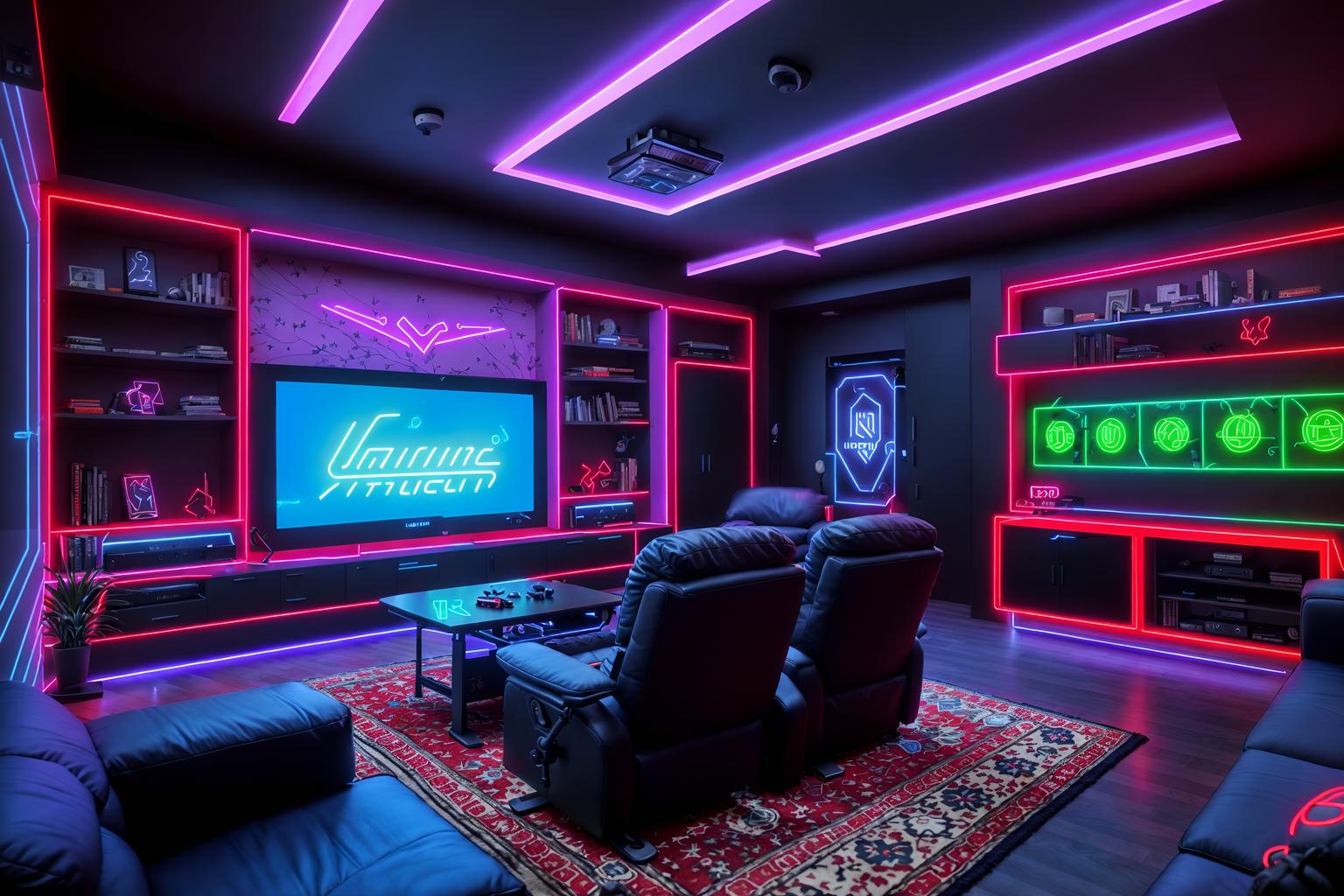 gaming room-style (kitchen living combo interior) with stove and plant and sofa and televisions and occasional tables and bookshelves and chairs and rug. . with gaming chair and speakers and computer desk with computer displays and keyboard and neon lights and neon letters on wall and multiple displays and purple, red and blue fade light and at night. . cinematic photo, highly detailed, cinematic lighting, ultra-detailed, ultrarealistic, photorealism, 8k. gaming room interior design style. masterpiece, cinematic light, ultrarealistic+, photorealistic+, 8k, raw photo, realistic, sharp focus on eyes, (symmetrical eyes), (intact eyes), hyperrealistic, highest quality, best quality, , highly detailed, masterpiece, best quality, extremely detailed 8k wallpaper, masterpiece, best quality, ultra-detailed, best shadow, detailed background, detailed face, detailed eyes, high contrast, best illumination, detailed face, dulux, caustic, dynamic angle, detailed glow. dramatic lighting. highly detailed, insanely detailed hair, symmetrical, intricate details, professionally retouched, 8k high definition. strong bokeh. award winning photo.