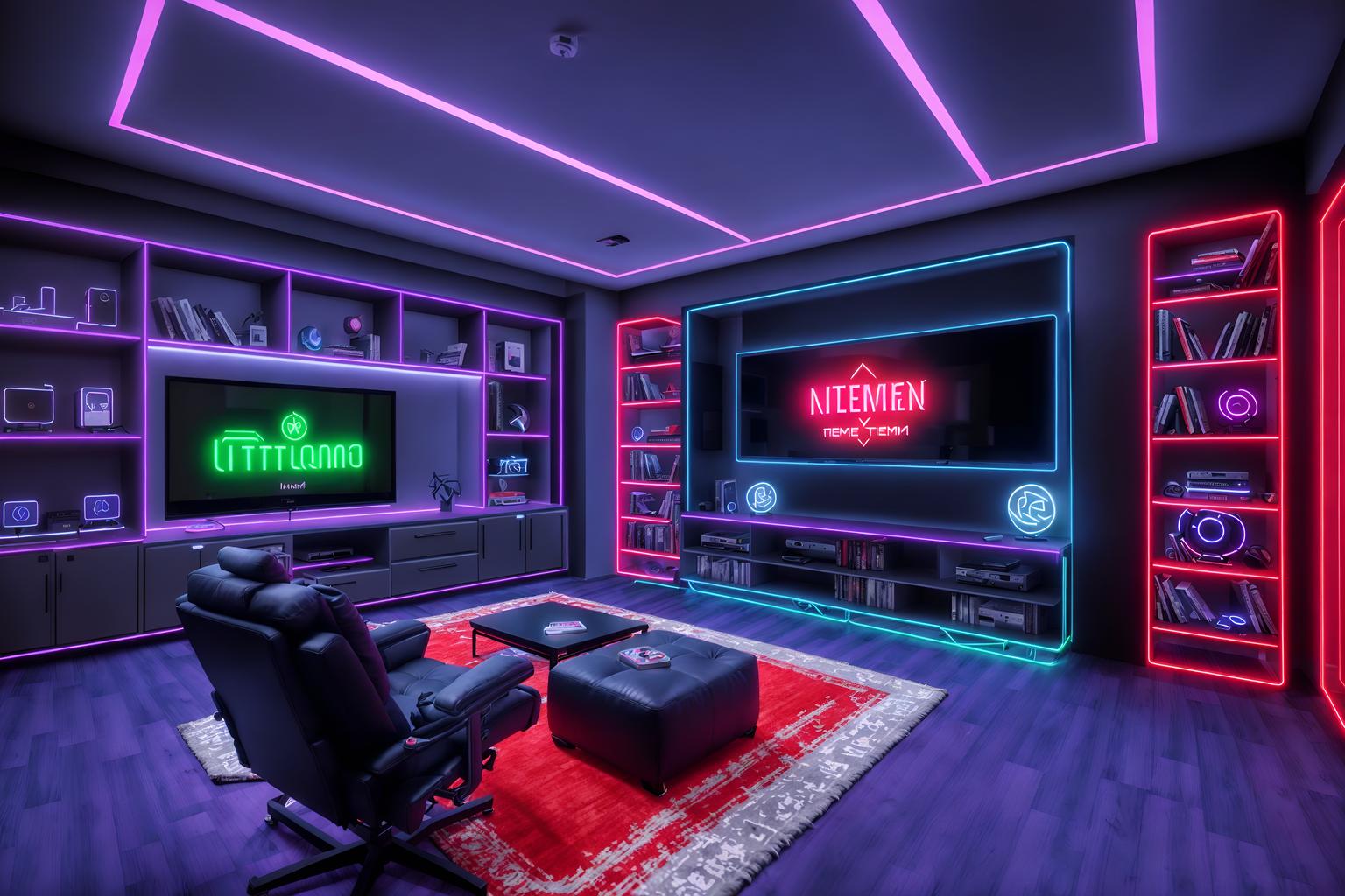 gaming room-style (kitchen living combo interior) with stove and plant and sofa and televisions and occasional tables and bookshelves and chairs and rug. . with gaming chair and speakers and computer desk with computer displays and keyboard and neon lights and neon letters on wall and multiple displays and purple, red and blue fade light and at night. . cinematic photo, highly detailed, cinematic lighting, ultra-detailed, ultrarealistic, photorealism, 8k. gaming room interior design style. masterpiece, cinematic light, ultrarealistic+, photorealistic+, 8k, raw photo, realistic, sharp focus on eyes, (symmetrical eyes), (intact eyes), hyperrealistic, highest quality, best quality, , highly detailed, masterpiece, best quality, extremely detailed 8k wallpaper, masterpiece, best quality, ultra-detailed, best shadow, detailed background, detailed face, detailed eyes, high contrast, best illumination, detailed face, dulux, caustic, dynamic angle, detailed glow. dramatic lighting. highly detailed, insanely detailed hair, symmetrical, intricate details, professionally retouched, 8k high definition. strong bokeh. award winning photo.