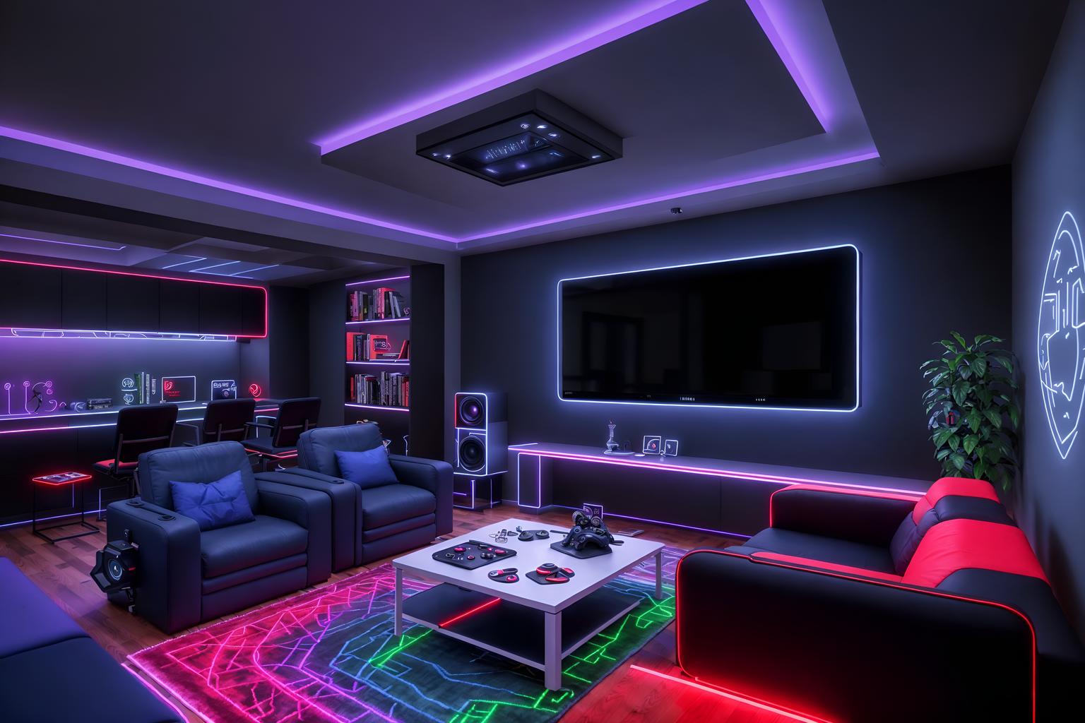 gaming room-style (kitchen living combo interior) with stove and plant and sofa and televisions and occasional tables and bookshelves and chairs and rug. . with gaming chair and speakers and computer desk with computer displays and keyboard and neon lights and neon letters on wall and multiple displays and purple, red and blue fade light and at night. . cinematic photo, highly detailed, cinematic lighting, ultra-detailed, ultrarealistic, photorealism, 8k. gaming room interior design style. masterpiece, cinematic light, ultrarealistic+, photorealistic+, 8k, raw photo, realistic, sharp focus on eyes, (symmetrical eyes), (intact eyes), hyperrealistic, highest quality, best quality, , highly detailed, masterpiece, best quality, extremely detailed 8k wallpaper, masterpiece, best quality, ultra-detailed, best shadow, detailed background, detailed face, detailed eyes, high contrast, best illumination, detailed face, dulux, caustic, dynamic angle, detailed glow. dramatic lighting. highly detailed, insanely detailed hair, symmetrical, intricate details, professionally retouched, 8k high definition. strong bokeh. award winning photo.