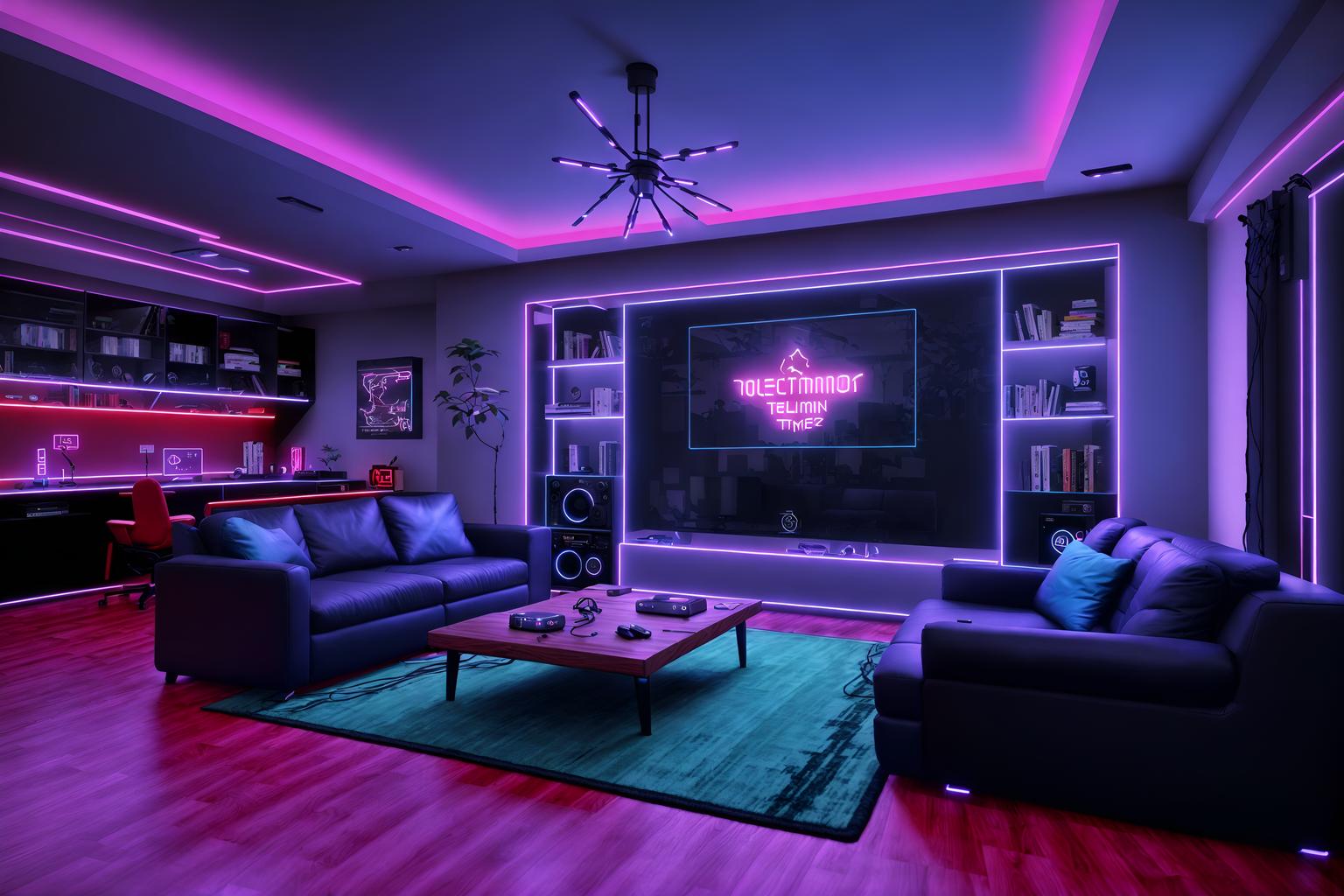 gaming room-style (kitchen living combo interior) with stove and plant and sofa and televisions and occasional tables and bookshelves and chairs and rug. . with gaming chair and speakers and computer desk with computer displays and keyboard and neon lights and neon letters on wall and multiple displays and purple, red and blue fade light and at night. . cinematic photo, highly detailed, cinematic lighting, ultra-detailed, ultrarealistic, photorealism, 8k. gaming room interior design style. masterpiece, cinematic light, ultrarealistic+, photorealistic+, 8k, raw photo, realistic, sharp focus on eyes, (symmetrical eyes), (intact eyes), hyperrealistic, highest quality, best quality, , highly detailed, masterpiece, best quality, extremely detailed 8k wallpaper, masterpiece, best quality, ultra-detailed, best shadow, detailed background, detailed face, detailed eyes, high contrast, best illumination, detailed face, dulux, caustic, dynamic angle, detailed glow. dramatic lighting. highly detailed, insanely detailed hair, symmetrical, intricate details, professionally retouched, 8k high definition. strong bokeh. award winning photo.