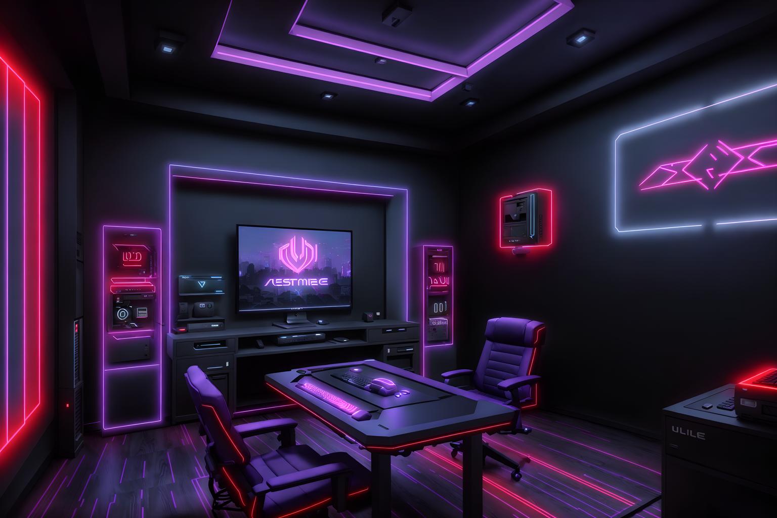 gaming room-style exterior designed (house exterior exterior) . with purple, red and blue fade light and neon lights and at night and computer desk with computer displays and keyboard and neon letters on wall and dark walls and multiple displays and purple and red lights. . cinematic photo, highly detailed, cinematic lighting, ultra-detailed, ultrarealistic, photorealism, 8k. gaming room exterior design style. masterpiece, cinematic light, ultrarealistic+, photorealistic+, 8k, raw photo, realistic, sharp focus on eyes, (symmetrical eyes), (intact eyes), hyperrealistic, highest quality, best quality, , highly detailed, masterpiece, best quality, extremely detailed 8k wallpaper, masterpiece, best quality, ultra-detailed, best shadow, detailed background, detailed face, detailed eyes, high contrast, best illumination, detailed face, dulux, caustic, dynamic angle, detailed glow. dramatic lighting. highly detailed, insanely detailed hair, symmetrical, intricate details, professionally retouched, 8k high definition. strong bokeh. award winning photo.