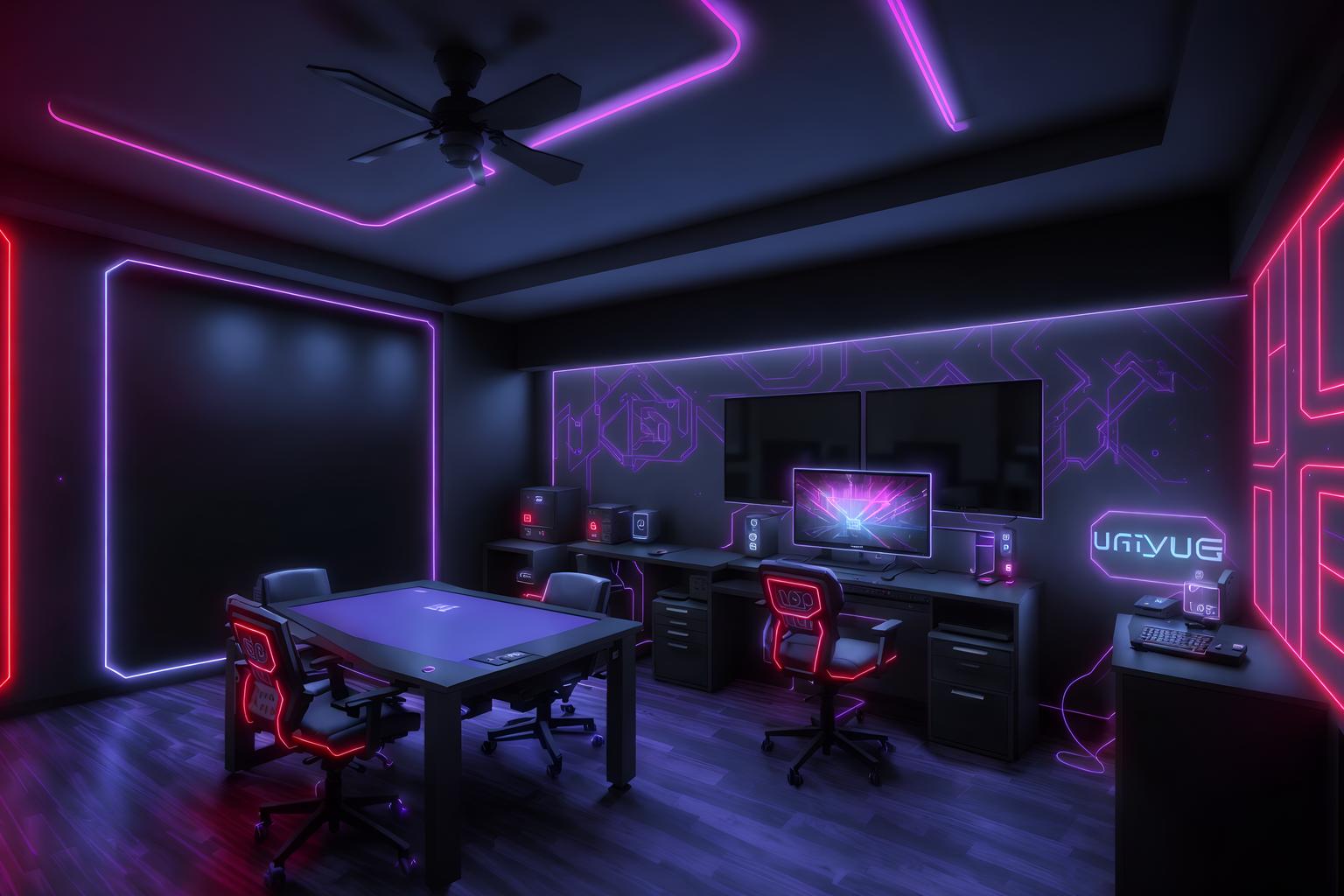 gaming room-style exterior designed (house exterior exterior) . with purple, red and blue fade light and neon lights and at night and computer desk with computer displays and keyboard and neon letters on wall and dark walls and multiple displays and purple and red lights. . cinematic photo, highly detailed, cinematic lighting, ultra-detailed, ultrarealistic, photorealism, 8k. gaming room exterior design style. masterpiece, cinematic light, ultrarealistic+, photorealistic+, 8k, raw photo, realistic, sharp focus on eyes, (symmetrical eyes), (intact eyes), hyperrealistic, highest quality, best quality, , highly detailed, masterpiece, best quality, extremely detailed 8k wallpaper, masterpiece, best quality, ultra-detailed, best shadow, detailed background, detailed face, detailed eyes, high contrast, best illumination, detailed face, dulux, caustic, dynamic angle, detailed glow. dramatic lighting. highly detailed, insanely detailed hair, symmetrical, intricate details, professionally retouched, 8k high definition. strong bokeh. award winning photo.