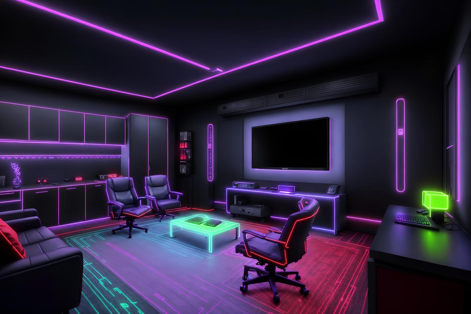 gaming room-style exterior designed (house exterior exterior) . with purple, red and blue fade light and neon lights and at night and computer desk with computer displays and keyboard and neon letters on wall and dark walls and multiple displays and purple and red lights. . cinematic photo, highly detailed, cinematic lighting, ultra-detailed, ultrarealistic, photorealism, 8k. gaming room exterior design style. masterpiece, cinematic light, ultrarealistic+, photorealistic+, 8k, raw photo, realistic, sharp focus on eyes, (symmetrical eyes), (intact eyes), hyperrealistic, highest quality, best quality, , highly detailed, masterpiece, best quality, extremely detailed 8k wallpaper, masterpiece, best quality, ultra-detailed, best shadow, detailed background, detailed face, detailed eyes, high contrast, best illumination, detailed face, dulux, caustic, dynamic angle, detailed glow. dramatic lighting. highly detailed, insanely detailed hair, symmetrical, intricate details, professionally retouched, 8k high definition. strong bokeh. award winning photo.