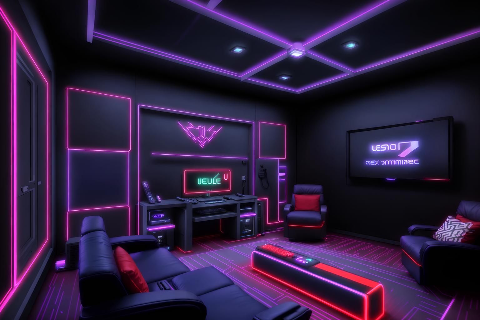 gaming room-style exterior designed (house exterior exterior) . with purple, red and blue fade light and neon lights and at night and computer desk with computer displays and keyboard and neon letters on wall and dark walls and multiple displays and purple and red lights. . cinematic photo, highly detailed, cinematic lighting, ultra-detailed, ultrarealistic, photorealism, 8k. gaming room exterior design style. masterpiece, cinematic light, ultrarealistic+, photorealistic+, 8k, raw photo, realistic, sharp focus on eyes, (symmetrical eyes), (intact eyes), hyperrealistic, highest quality, best quality, , highly detailed, masterpiece, best quality, extremely detailed 8k wallpaper, masterpiece, best quality, ultra-detailed, best shadow, detailed background, detailed face, detailed eyes, high contrast, best illumination, detailed face, dulux, caustic, dynamic angle, detailed glow. dramatic lighting. highly detailed, insanely detailed hair, symmetrical, intricate details, professionally retouched, 8k high definition. strong bokeh. award winning photo.