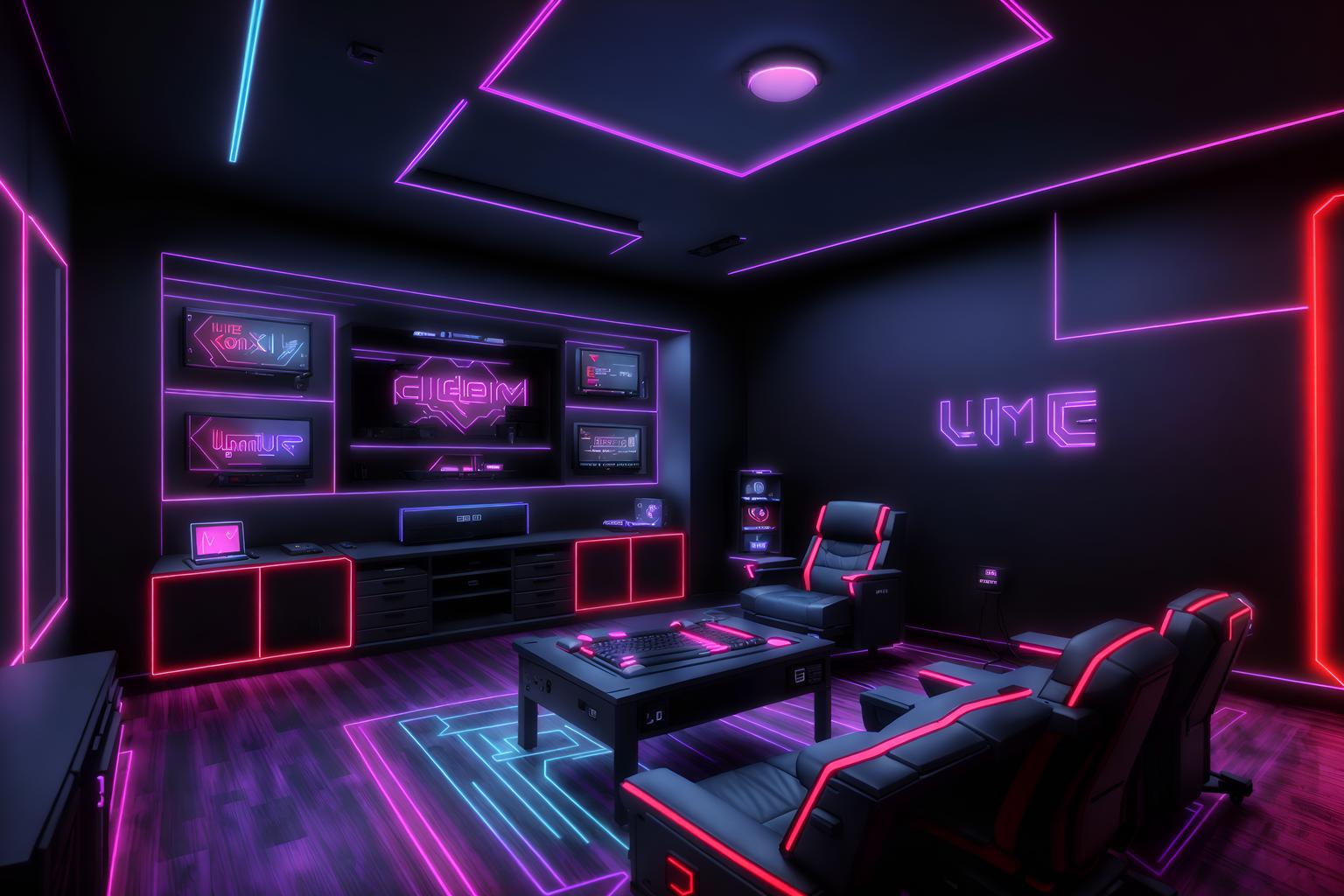 gaming room-style exterior designed (house exterior exterior) . with purple, red and blue fade light and neon lights and at night and computer desk with computer displays and keyboard and neon letters on wall and dark walls and multiple displays and purple and red lights. . cinematic photo, highly detailed, cinematic lighting, ultra-detailed, ultrarealistic, photorealism, 8k. gaming room exterior design style. masterpiece, cinematic light, ultrarealistic+, photorealistic+, 8k, raw photo, realistic, sharp focus on eyes, (symmetrical eyes), (intact eyes), hyperrealistic, highest quality, best quality, , highly detailed, masterpiece, best quality, extremely detailed 8k wallpaper, masterpiece, best quality, ultra-detailed, best shadow, detailed background, detailed face, detailed eyes, high contrast, best illumination, detailed face, dulux, caustic, dynamic angle, detailed glow. dramatic lighting. highly detailed, insanely detailed hair, symmetrical, intricate details, professionally retouched, 8k high definition. strong bokeh. award winning photo.