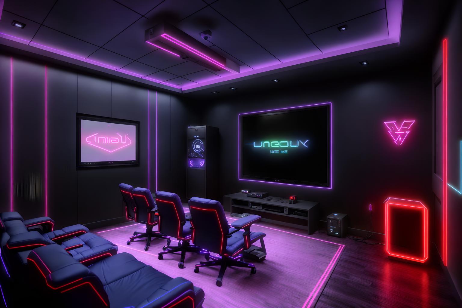 gaming room-style exterior designed (house exterior exterior) . with purple, red and blue fade light and neon lights and at night and computer desk with computer displays and keyboard and neon letters on wall and dark walls and multiple displays and purple and red lights. . cinematic photo, highly detailed, cinematic lighting, ultra-detailed, ultrarealistic, photorealism, 8k. gaming room exterior design style. masterpiece, cinematic light, ultrarealistic+, photorealistic+, 8k, raw photo, realistic, sharp focus on eyes, (symmetrical eyes), (intact eyes), hyperrealistic, highest quality, best quality, , highly detailed, masterpiece, best quality, extremely detailed 8k wallpaper, masterpiece, best quality, ultra-detailed, best shadow, detailed background, detailed face, detailed eyes, high contrast, best illumination, detailed face, dulux, caustic, dynamic angle, detailed glow. dramatic lighting. highly detailed, insanely detailed hair, symmetrical, intricate details, professionally retouched, 8k high definition. strong bokeh. award winning photo.