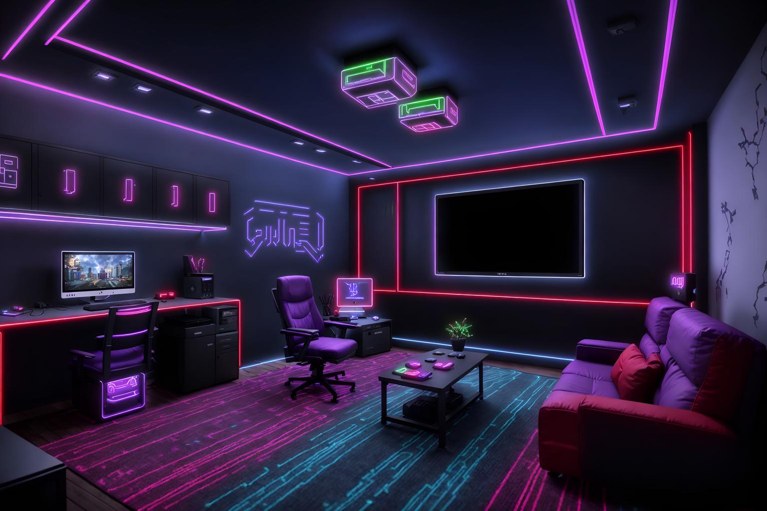 gaming room-style exterior designed (house exterior exterior) . with purple, red and blue fade light and neon lights and at night and computer desk with computer displays and keyboard and neon letters on wall and dark walls and multiple displays and purple and red lights. . cinematic photo, highly detailed, cinematic lighting, ultra-detailed, ultrarealistic, photorealism, 8k. gaming room exterior design style. masterpiece, cinematic light, ultrarealistic+, photorealistic+, 8k, raw photo, realistic, sharp focus on eyes, (symmetrical eyes), (intact eyes), hyperrealistic, highest quality, best quality, , highly detailed, masterpiece, best quality, extremely detailed 8k wallpaper, masterpiece, best quality, ultra-detailed, best shadow, detailed background, detailed face, detailed eyes, high contrast, best illumination, detailed face, dulux, caustic, dynamic angle, detailed glow. dramatic lighting. highly detailed, insanely detailed hair, symmetrical, intricate details, professionally retouched, 8k high definition. strong bokeh. award winning photo.