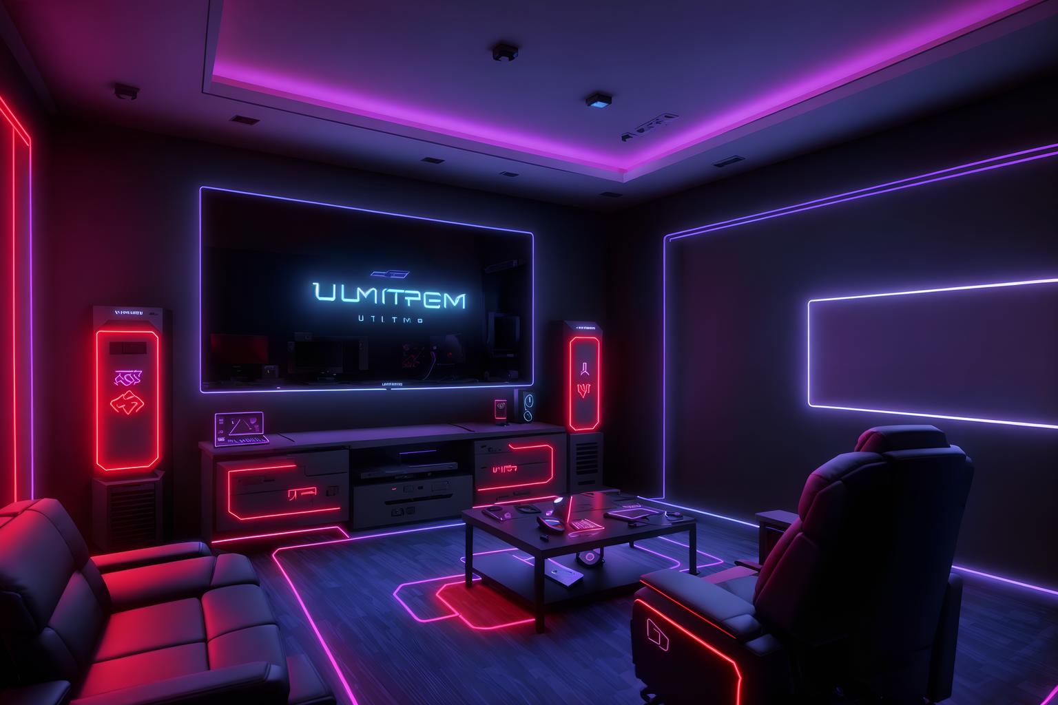 gaming room-style (gaming room interior) . with gaming chair and neon lights and purple and red lights and neon letters on wall and multiple displays and computer desk with computer displays and keyboard and dark walls and at night. . cinematic photo, highly detailed, cinematic lighting, ultra-detailed, ultrarealistic, photorealism, 8k. gaming room interior design style. masterpiece, cinematic light, ultrarealistic+, photorealistic+, 8k, raw photo, realistic, sharp focus on eyes, (symmetrical eyes), (intact eyes), hyperrealistic, highest quality, best quality, , highly detailed, masterpiece, best quality, extremely detailed 8k wallpaper, masterpiece, best quality, ultra-detailed, best shadow, detailed background, detailed face, detailed eyes, high contrast, best illumination, detailed face, dulux, caustic, dynamic angle, detailed glow. dramatic lighting. highly detailed, insanely detailed hair, symmetrical, intricate details, professionally retouched, 8k high definition. strong bokeh. award winning photo.