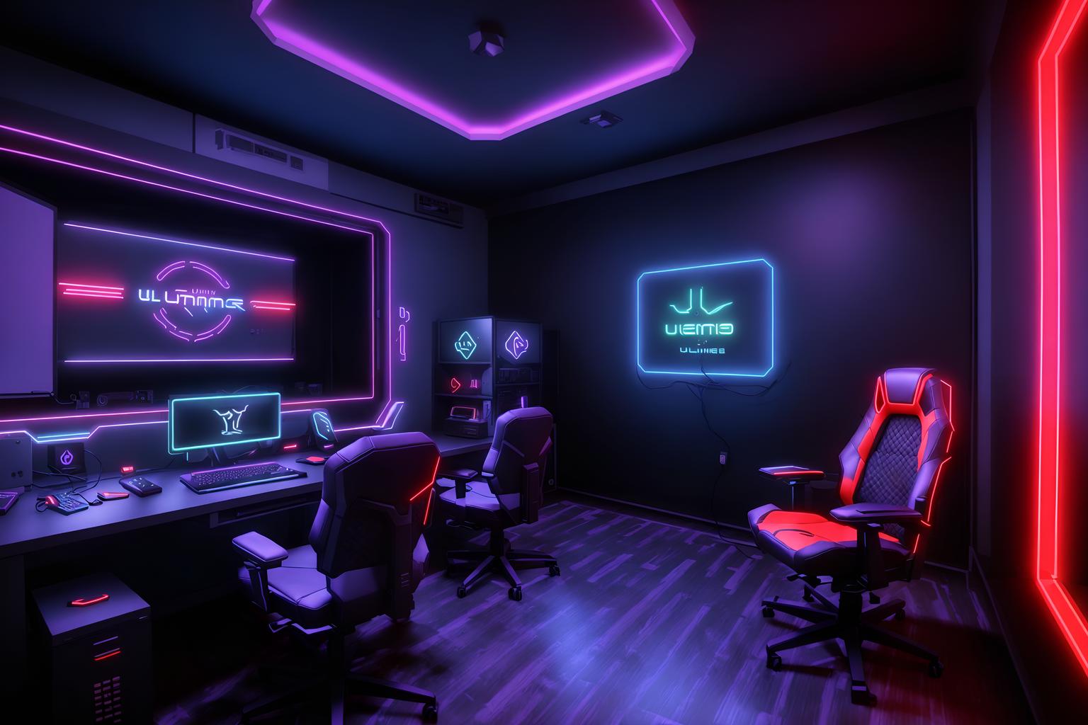 gaming room-style (gaming room interior) . with gaming chair and neon lights and purple and red lights and neon letters on wall and multiple displays and computer desk with computer displays and keyboard and dark walls and at night. . cinematic photo, highly detailed, cinematic lighting, ultra-detailed, ultrarealistic, photorealism, 8k. gaming room interior design style. masterpiece, cinematic light, ultrarealistic+, photorealistic+, 8k, raw photo, realistic, sharp focus on eyes, (symmetrical eyes), (intact eyes), hyperrealistic, highest quality, best quality, , highly detailed, masterpiece, best quality, extremely detailed 8k wallpaper, masterpiece, best quality, ultra-detailed, best shadow, detailed background, detailed face, detailed eyes, high contrast, best illumination, detailed face, dulux, caustic, dynamic angle, detailed glow. dramatic lighting. highly detailed, insanely detailed hair, symmetrical, intricate details, professionally retouched, 8k high definition. strong bokeh. award winning photo.