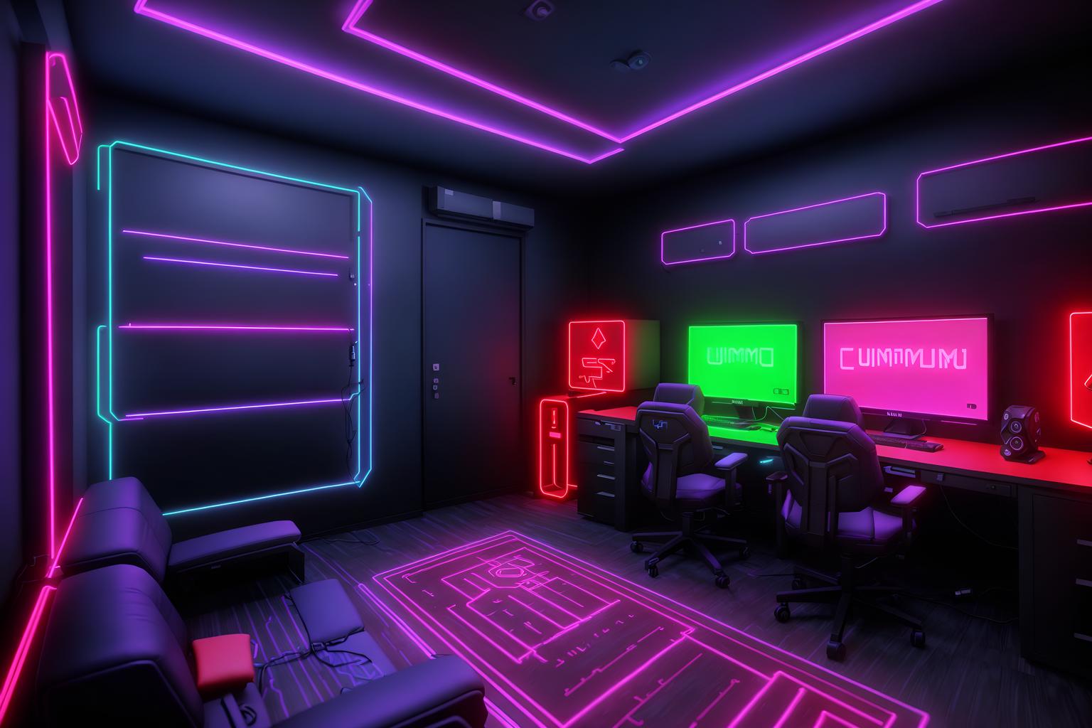 gaming room-style (gaming room interior) . with gaming chair and neon lights and purple and red lights and neon letters on wall and multiple displays and computer desk with computer displays and keyboard and dark walls and at night. . cinematic photo, highly detailed, cinematic lighting, ultra-detailed, ultrarealistic, photorealism, 8k. gaming room interior design style. masterpiece, cinematic light, ultrarealistic+, photorealistic+, 8k, raw photo, realistic, sharp focus on eyes, (symmetrical eyes), (intact eyes), hyperrealistic, highest quality, best quality, , highly detailed, masterpiece, best quality, extremely detailed 8k wallpaper, masterpiece, best quality, ultra-detailed, best shadow, detailed background, detailed face, detailed eyes, high contrast, best illumination, detailed face, dulux, caustic, dynamic angle, detailed glow. dramatic lighting. highly detailed, insanely detailed hair, symmetrical, intricate details, professionally retouched, 8k high definition. strong bokeh. award winning photo.