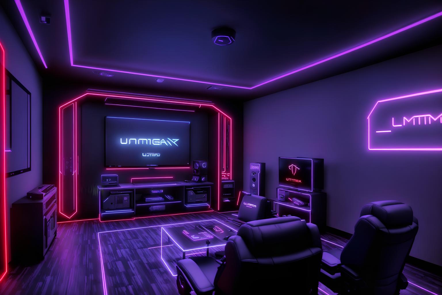 gaming room-style (gaming room interior) . with gaming chair and neon lights and purple and red lights and neon letters on wall and multiple displays and computer desk with computer displays and keyboard and dark walls and at night. . cinematic photo, highly detailed, cinematic lighting, ultra-detailed, ultrarealistic, photorealism, 8k. gaming room interior design style. masterpiece, cinematic light, ultrarealistic+, photorealistic+, 8k, raw photo, realistic, sharp focus on eyes, (symmetrical eyes), (intact eyes), hyperrealistic, highest quality, best quality, , highly detailed, masterpiece, best quality, extremely detailed 8k wallpaper, masterpiece, best quality, ultra-detailed, best shadow, detailed background, detailed face, detailed eyes, high contrast, best illumination, detailed face, dulux, caustic, dynamic angle, detailed glow. dramatic lighting. highly detailed, insanely detailed hair, symmetrical, intricate details, professionally retouched, 8k high definition. strong bokeh. award winning photo.