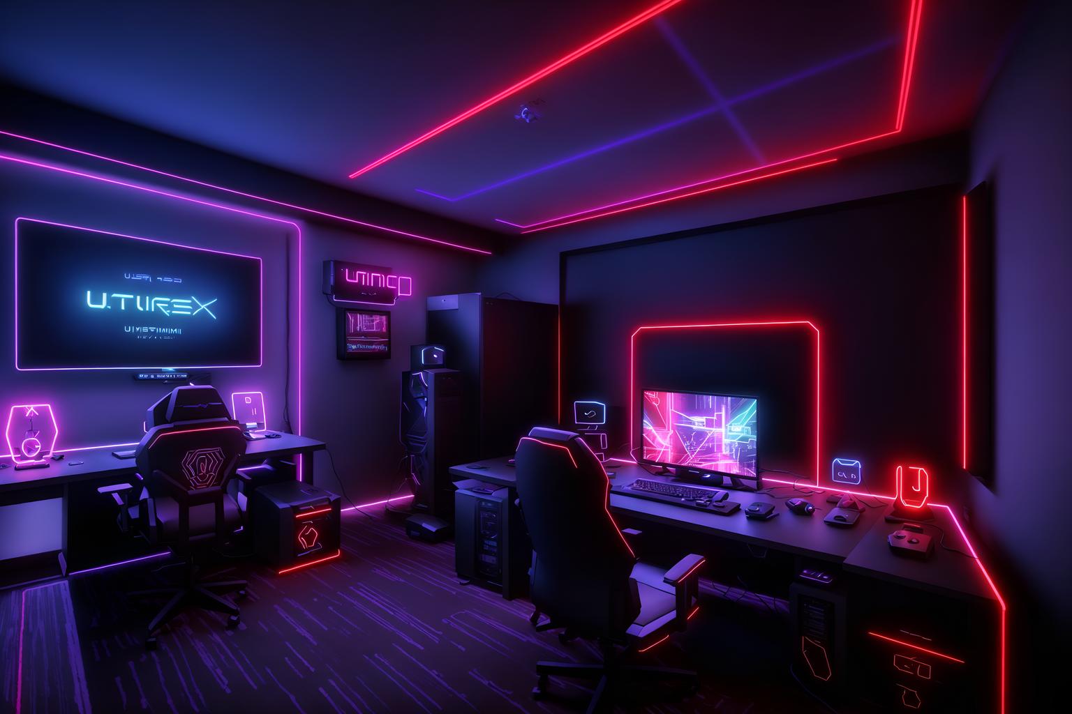 gaming room-style (gaming room interior) . with gaming chair and neon lights and purple and red lights and neon letters on wall and multiple displays and computer desk with computer displays and keyboard and dark walls and at night. . cinematic photo, highly detailed, cinematic lighting, ultra-detailed, ultrarealistic, photorealism, 8k. gaming room interior design style. masterpiece, cinematic light, ultrarealistic+, photorealistic+, 8k, raw photo, realistic, sharp focus on eyes, (symmetrical eyes), (intact eyes), hyperrealistic, highest quality, best quality, , highly detailed, masterpiece, best quality, extremely detailed 8k wallpaper, masterpiece, best quality, ultra-detailed, best shadow, detailed background, detailed face, detailed eyes, high contrast, best illumination, detailed face, dulux, caustic, dynamic angle, detailed glow. dramatic lighting. highly detailed, insanely detailed hair, symmetrical, intricate details, professionally retouched, 8k high definition. strong bokeh. award winning photo.