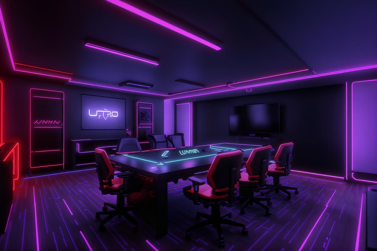 gaming room-style (gaming room interior) . with gaming chair and neon lights and purple and red lights and neon letters on wall and multiple displays and computer desk with computer displays and keyboard and dark walls and at night. . cinematic photo, highly detailed, cinematic lighting, ultra-detailed, ultrarealistic, photorealism, 8k. gaming room interior design style. masterpiece, cinematic light, ultrarealistic+, photorealistic+, 8k, raw photo, realistic, sharp focus on eyes, (symmetrical eyes), (intact eyes), hyperrealistic, highest quality, best quality, , highly detailed, masterpiece, best quality, extremely detailed 8k wallpaper, masterpiece, best quality, ultra-detailed, best shadow, detailed background, detailed face, detailed eyes, high contrast, best illumination, detailed face, dulux, caustic, dynamic angle, detailed glow. dramatic lighting. highly detailed, insanely detailed hair, symmetrical, intricate details, professionally retouched, 8k high definition. strong bokeh. award winning photo.