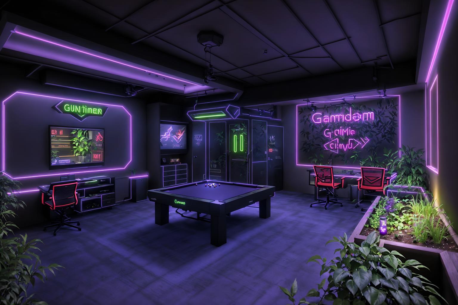 gaming room-style designed (outdoor garden ) with garden plants and garden tree and grass and garden plants. . with purple and red lights and at night and dark room and neon letters on wall and dark walls and gaming chair and purple, red and blue fade light and neon lights. . cinematic photo, highly detailed, cinematic lighting, ultra-detailed, ultrarealistic, photorealism, 8k. gaming room design style. masterpiece, cinematic light, ultrarealistic+, photorealistic+, 8k, raw photo, realistic, sharp focus on eyes, (symmetrical eyes), (intact eyes), hyperrealistic, highest quality, best quality, , highly detailed, masterpiece, best quality, extremely detailed 8k wallpaper, masterpiece, best quality, ultra-detailed, best shadow, detailed background, detailed face, detailed eyes, high contrast, best illumination, detailed face, dulux, caustic, dynamic angle, detailed glow. dramatic lighting. highly detailed, insanely detailed hair, symmetrical, intricate details, professionally retouched, 8k high definition. strong bokeh. award winning photo.