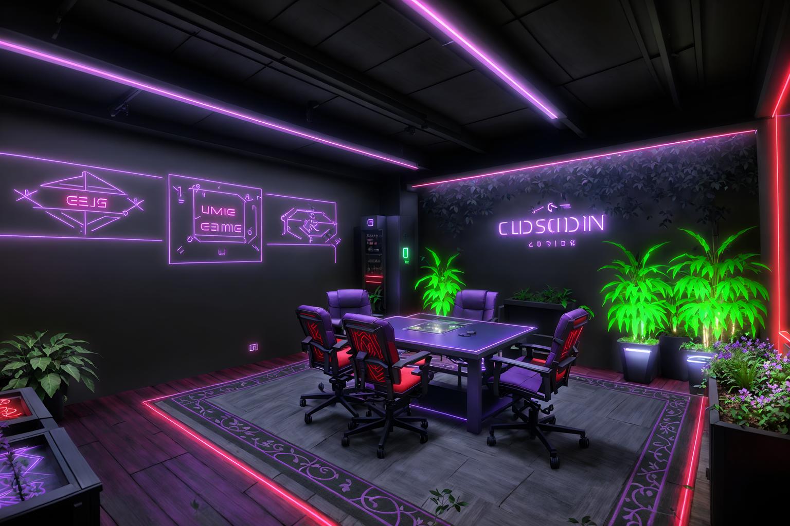 gaming room-style designed (outdoor garden ) with garden plants and garden tree and grass and garden plants. . with purple and red lights and at night and dark room and neon letters on wall and dark walls and gaming chair and purple, red and blue fade light and neon lights. . cinematic photo, highly detailed, cinematic lighting, ultra-detailed, ultrarealistic, photorealism, 8k. gaming room design style. masterpiece, cinematic light, ultrarealistic+, photorealistic+, 8k, raw photo, realistic, sharp focus on eyes, (symmetrical eyes), (intact eyes), hyperrealistic, highest quality, best quality, , highly detailed, masterpiece, best quality, extremely detailed 8k wallpaper, masterpiece, best quality, ultra-detailed, best shadow, detailed background, detailed face, detailed eyes, high contrast, best illumination, detailed face, dulux, caustic, dynamic angle, detailed glow. dramatic lighting. highly detailed, insanely detailed hair, symmetrical, intricate details, professionally retouched, 8k high definition. strong bokeh. award winning photo.