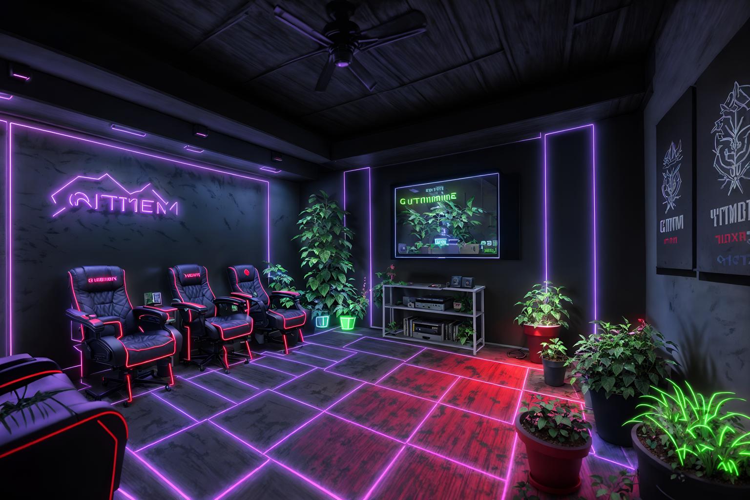 gaming room-style designed (outdoor garden ) with garden plants and garden tree and grass and garden plants. . with purple and red lights and at night and dark room and neon letters on wall and dark walls and gaming chair and purple, red and blue fade light and neon lights. . cinematic photo, highly detailed, cinematic lighting, ultra-detailed, ultrarealistic, photorealism, 8k. gaming room design style. masterpiece, cinematic light, ultrarealistic+, photorealistic+, 8k, raw photo, realistic, sharp focus on eyes, (symmetrical eyes), (intact eyes), hyperrealistic, highest quality, best quality, , highly detailed, masterpiece, best quality, extremely detailed 8k wallpaper, masterpiece, best quality, ultra-detailed, best shadow, detailed background, detailed face, detailed eyes, high contrast, best illumination, detailed face, dulux, caustic, dynamic angle, detailed glow. dramatic lighting. highly detailed, insanely detailed hair, symmetrical, intricate details, professionally retouched, 8k high definition. strong bokeh. award winning photo.