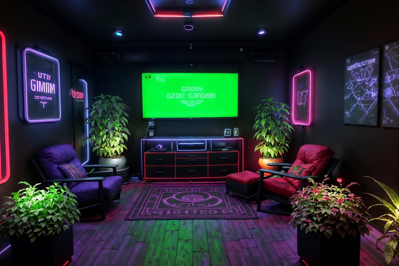 gaming room-style designed (outdoor garden ) with garden plants and garden tree and grass and garden plants. . with purple and red lights and at night and dark room and neon letters on wall and dark walls and gaming chair and purple, red and blue fade light and neon lights. . cinematic photo, highly detailed, cinematic lighting, ultra-detailed, ultrarealistic, photorealism, 8k. gaming room design style. masterpiece, cinematic light, ultrarealistic+, photorealistic+, 8k, raw photo, realistic, sharp focus on eyes, (symmetrical eyes), (intact eyes), hyperrealistic, highest quality, best quality, , highly detailed, masterpiece, best quality, extremely detailed 8k wallpaper, masterpiece, best quality, ultra-detailed, best shadow, detailed background, detailed face, detailed eyes, high contrast, best illumination, detailed face, dulux, caustic, dynamic angle, detailed glow. dramatic lighting. highly detailed, insanely detailed hair, symmetrical, intricate details, professionally retouched, 8k high definition. strong bokeh. award winning photo.