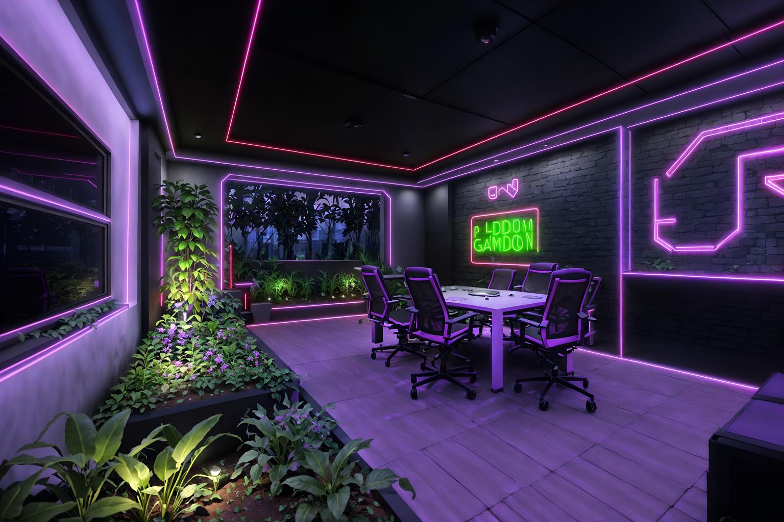 gaming room-style designed (outdoor garden ) with garden plants and garden tree and grass and garden plants. . with purple and red lights and at night and dark room and neon letters on wall and dark walls and gaming chair and purple, red and blue fade light and neon lights. . cinematic photo, highly detailed, cinematic lighting, ultra-detailed, ultrarealistic, photorealism, 8k. gaming room design style. masterpiece, cinematic light, ultrarealistic+, photorealistic+, 8k, raw photo, realistic, sharp focus on eyes, (symmetrical eyes), (intact eyes), hyperrealistic, highest quality, best quality, , highly detailed, masterpiece, best quality, extremely detailed 8k wallpaper, masterpiece, best quality, ultra-detailed, best shadow, detailed background, detailed face, detailed eyes, high contrast, best illumination, detailed face, dulux, caustic, dynamic angle, detailed glow. dramatic lighting. highly detailed, insanely detailed hair, symmetrical, intricate details, professionally retouched, 8k high definition. strong bokeh. award winning photo.