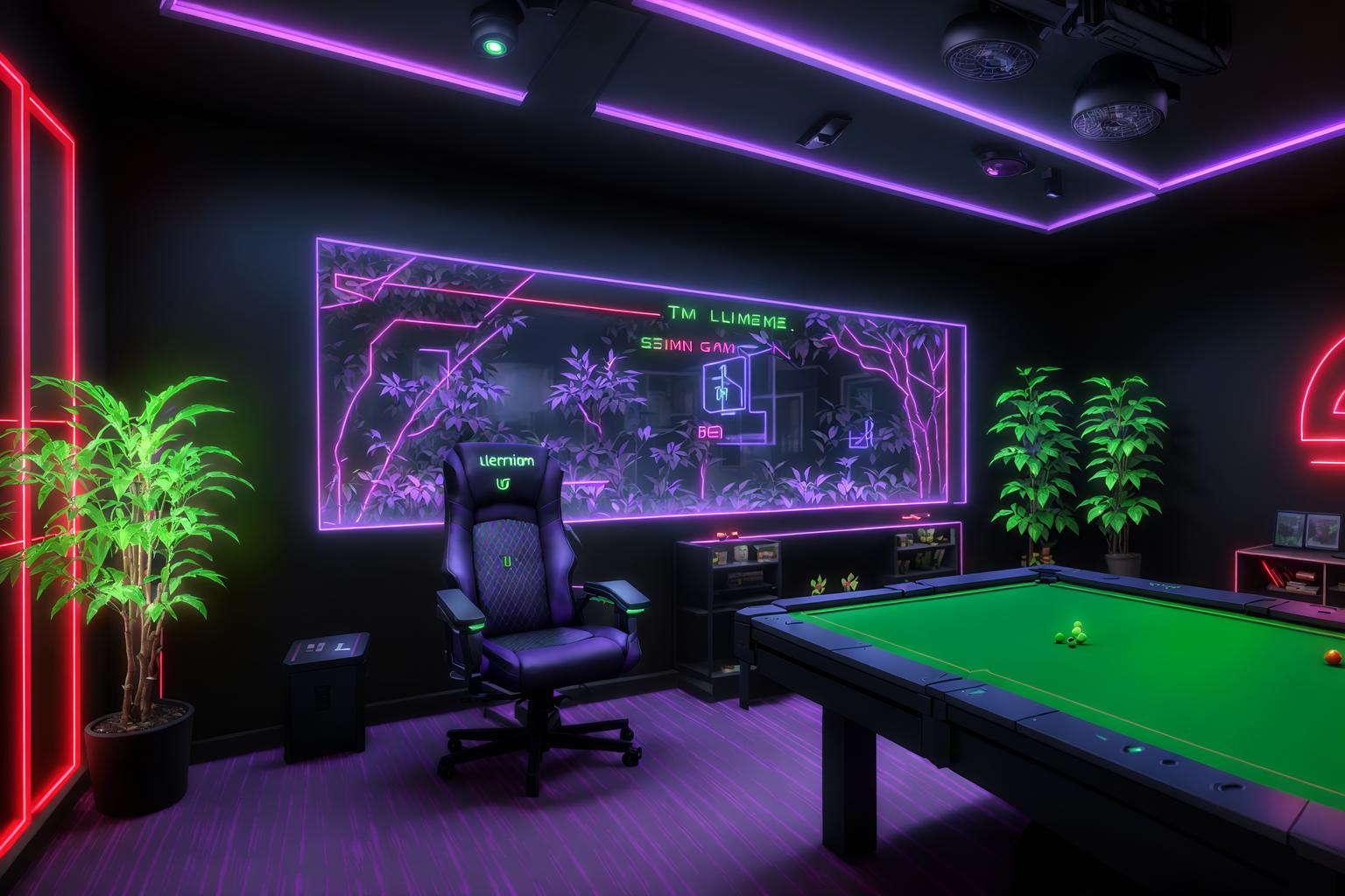 gaming room-style designed (outdoor garden ) with garden plants and garden tree and grass and garden plants. . with purple and red lights and at night and dark room and neon letters on wall and dark walls and gaming chair and purple, red and blue fade light and neon lights. . cinematic photo, highly detailed, cinematic lighting, ultra-detailed, ultrarealistic, photorealism, 8k. gaming room design style. masterpiece, cinematic light, ultrarealistic+, photorealistic+, 8k, raw photo, realistic, sharp focus on eyes, (symmetrical eyes), (intact eyes), hyperrealistic, highest quality, best quality, , highly detailed, masterpiece, best quality, extremely detailed 8k wallpaper, masterpiece, best quality, ultra-detailed, best shadow, detailed background, detailed face, detailed eyes, high contrast, best illumination, detailed face, dulux, caustic, dynamic angle, detailed glow. dramatic lighting. highly detailed, insanely detailed hair, symmetrical, intricate details, professionally retouched, 8k high definition. strong bokeh. award winning photo.