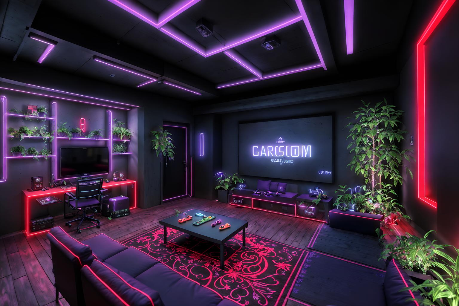 gaming room-style designed (outdoor garden ) with garden plants and garden tree and grass and garden plants. . with purple and red lights and at night and dark room and neon letters on wall and dark walls and gaming chair and purple, red and blue fade light and neon lights. . cinematic photo, highly detailed, cinematic lighting, ultra-detailed, ultrarealistic, photorealism, 8k. gaming room design style. masterpiece, cinematic light, ultrarealistic+, photorealistic+, 8k, raw photo, realistic, sharp focus on eyes, (symmetrical eyes), (intact eyes), hyperrealistic, highest quality, best quality, , highly detailed, masterpiece, best quality, extremely detailed 8k wallpaper, masterpiece, best quality, ultra-detailed, best shadow, detailed background, detailed face, detailed eyes, high contrast, best illumination, detailed face, dulux, caustic, dynamic angle, detailed glow. dramatic lighting. highly detailed, insanely detailed hair, symmetrical, intricate details, professionally retouched, 8k high definition. strong bokeh. award winning photo.