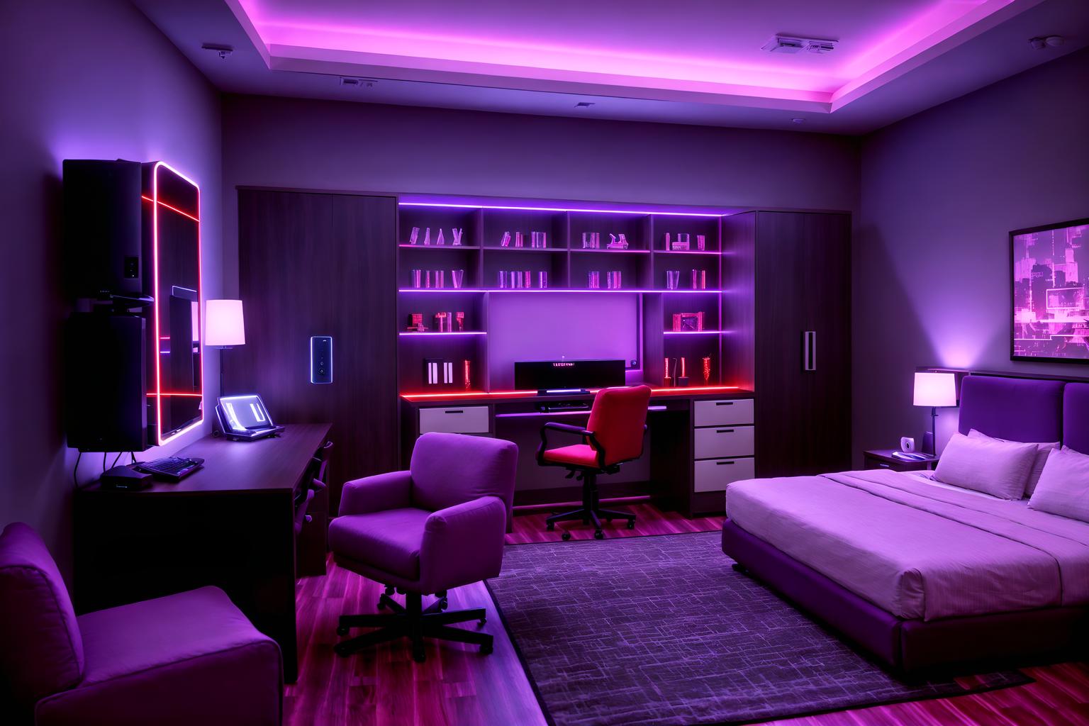 gaming room-style (hotel room interior) with hotel bathroom and bed and headboard and mirror and storage bench or ottoman and dresser closet and accent chair and plant. . with speakers and purple and red lights and multiple displays and purple, red and blue fade light and dark walls and computer desk with computer displays and keyboard and neon letters on wall and dark room. . cinematic photo, highly detailed, cinematic lighting, ultra-detailed, ultrarealistic, photorealism, 8k. gaming room interior design style. masterpiece, cinematic light, ultrarealistic+, photorealistic+, 8k, raw photo, realistic, sharp focus on eyes, (symmetrical eyes), (intact eyes), hyperrealistic, highest quality, best quality, , highly detailed, masterpiece, best quality, extremely detailed 8k wallpaper, masterpiece, best quality, ultra-detailed, best shadow, detailed background, detailed face, detailed eyes, high contrast, best illumination, detailed face, dulux, caustic, dynamic angle, detailed glow. dramatic lighting. highly detailed, insanely detailed hair, symmetrical, intricate details, professionally retouched, 8k high definition. strong bokeh. award winning photo.