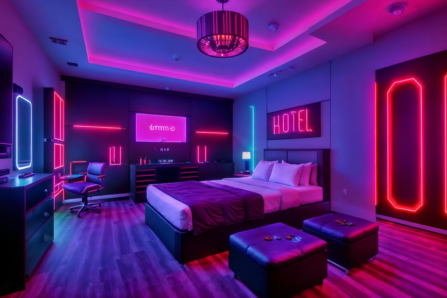 gaming room-style (hotel room interior) with hotel bathroom and bed and headboard and mirror and storage bench or ottoman and dresser closet and accent chair and plant. . with speakers and purple and red lights and multiple displays and purple, red and blue fade light and dark walls and computer desk with computer displays and keyboard and neon letters on wall and dark room. . cinematic photo, highly detailed, cinematic lighting, ultra-detailed, ultrarealistic, photorealism, 8k. gaming room interior design style. masterpiece, cinematic light, ultrarealistic+, photorealistic+, 8k, raw photo, realistic, sharp focus on eyes, (symmetrical eyes), (intact eyes), hyperrealistic, highest quality, best quality, , highly detailed, masterpiece, best quality, extremely detailed 8k wallpaper, masterpiece, best quality, ultra-detailed, best shadow, detailed background, detailed face, detailed eyes, high contrast, best illumination, detailed face, dulux, caustic, dynamic angle, detailed glow. dramatic lighting. highly detailed, insanely detailed hair, symmetrical, intricate details, professionally retouched, 8k high definition. strong bokeh. award winning photo.