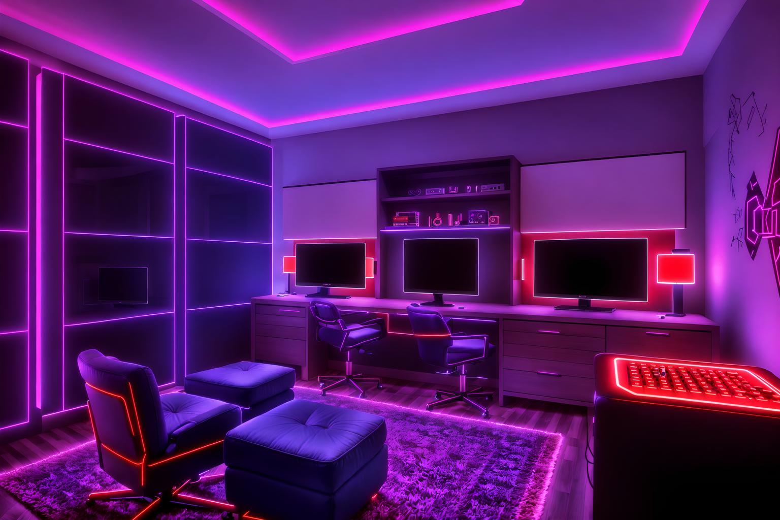 gaming room-style (hotel room interior) with hotel bathroom and bed and headboard and mirror and storage bench or ottoman and dresser closet and accent chair and plant. . with speakers and purple and red lights and multiple displays and purple, red and blue fade light and dark walls and computer desk with computer displays and keyboard and neon letters on wall and dark room. . cinematic photo, highly detailed, cinematic lighting, ultra-detailed, ultrarealistic, photorealism, 8k. gaming room interior design style. masterpiece, cinematic light, ultrarealistic+, photorealistic+, 8k, raw photo, realistic, sharp focus on eyes, (symmetrical eyes), (intact eyes), hyperrealistic, highest quality, best quality, , highly detailed, masterpiece, best quality, extremely detailed 8k wallpaper, masterpiece, best quality, ultra-detailed, best shadow, detailed background, detailed face, detailed eyes, high contrast, best illumination, detailed face, dulux, caustic, dynamic angle, detailed glow. dramatic lighting. highly detailed, insanely detailed hair, symmetrical, intricate details, professionally retouched, 8k high definition. strong bokeh. award winning photo.