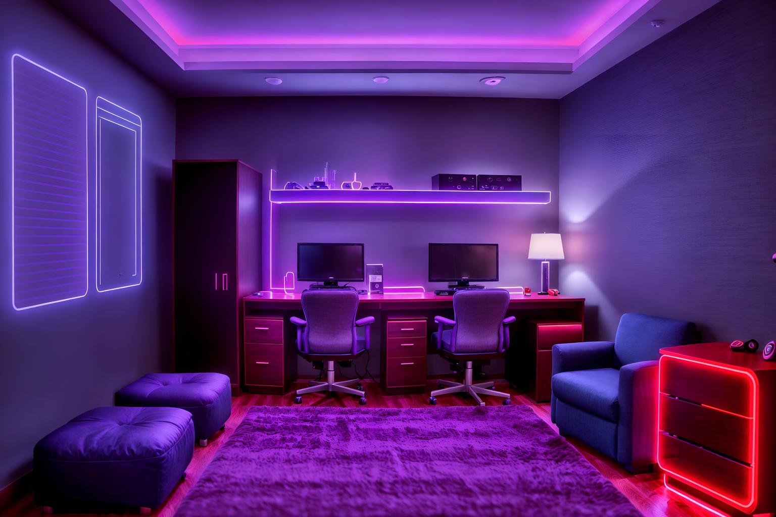 gaming room-style (hotel room interior) with hotel bathroom and bed and headboard and mirror and storage bench or ottoman and dresser closet and accent chair and plant. . with speakers and purple and red lights and multiple displays and purple, red and blue fade light and dark walls and computer desk with computer displays and keyboard and neon letters on wall and dark room. . cinematic photo, highly detailed, cinematic lighting, ultra-detailed, ultrarealistic, photorealism, 8k. gaming room interior design style. masterpiece, cinematic light, ultrarealistic+, photorealistic+, 8k, raw photo, realistic, sharp focus on eyes, (symmetrical eyes), (intact eyes), hyperrealistic, highest quality, best quality, , highly detailed, masterpiece, best quality, extremely detailed 8k wallpaper, masterpiece, best quality, ultra-detailed, best shadow, detailed background, detailed face, detailed eyes, high contrast, best illumination, detailed face, dulux, caustic, dynamic angle, detailed glow. dramatic lighting. highly detailed, insanely detailed hair, symmetrical, intricate details, professionally retouched, 8k high definition. strong bokeh. award winning photo.